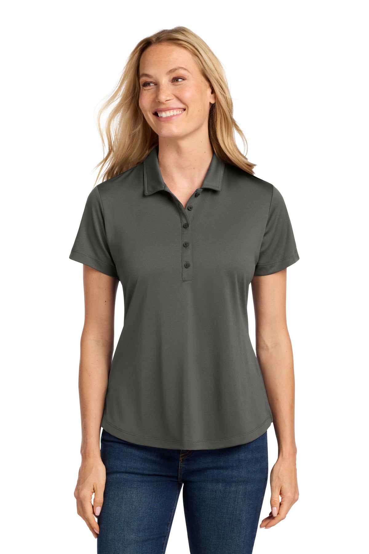 Custom Grey Steel Women's C-FREE Snag-Proof Polo LK864, personalized by SanCanDo Swag in Argyle, TX