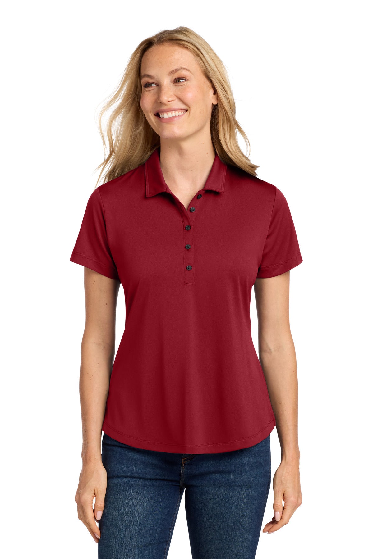 Custom Rich Red Women's C-FREE Snag-Proof Polo LK864, personalized by SanCanDo Swag in Argyle, TX