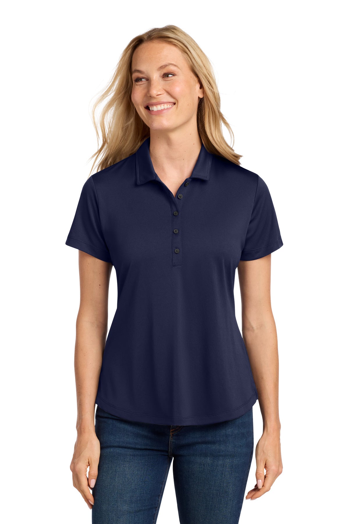 Custom True Navy Women's C-FREE Snag-Proof Polo LK864, personalized by SanCanDo Swag in Argyle, TX