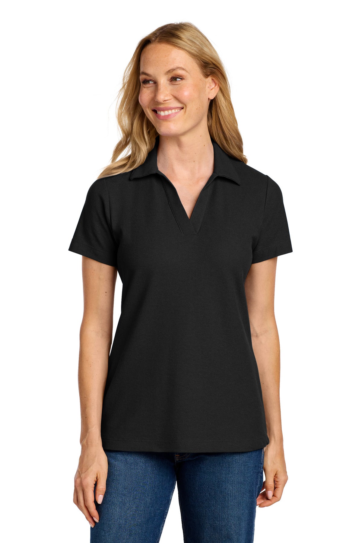 Custom Black Women's C-FREE Cotton Blend Pique Polo LK867, personalized by SanCanDo Swag in Argyle, TX