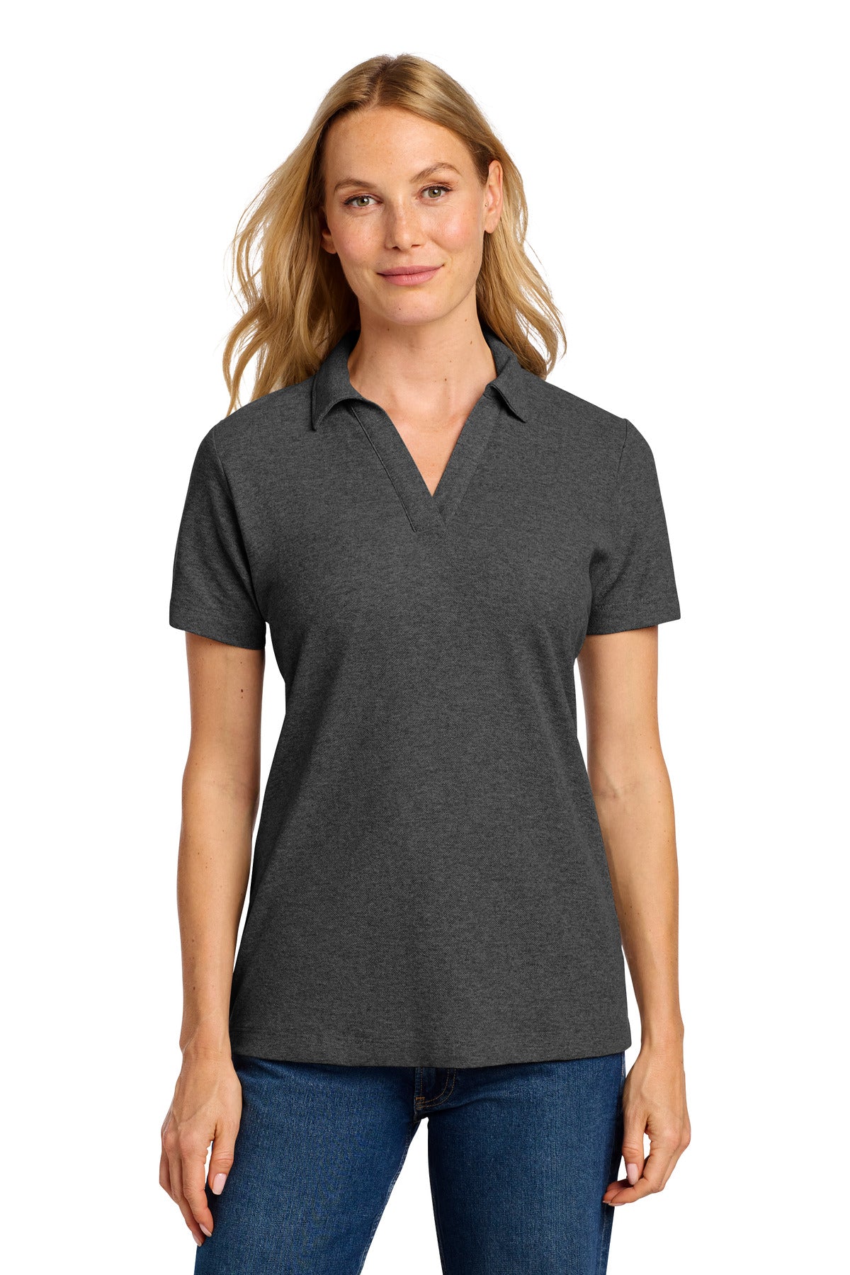 Custom Charcoal Heather Women's C-FREE Cotton Blend Pique Polo LK867, personalized by SanCanDo Swag in Argyle, TX