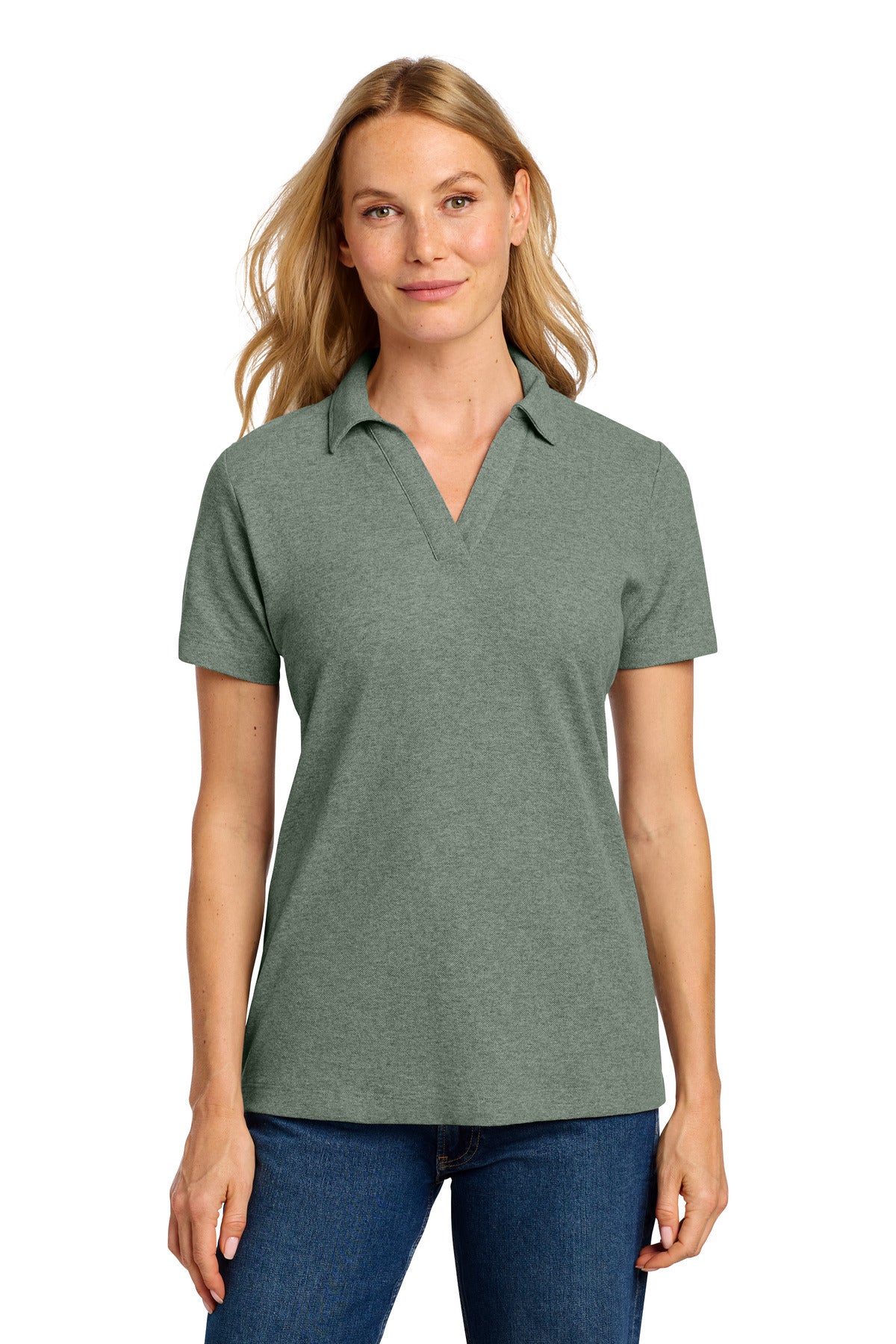 Custom Dark Green Heather Women's C-FREE Cotton Blend Pique Polo LK867, personalized by SanCanDo Swag in Argyle, TX