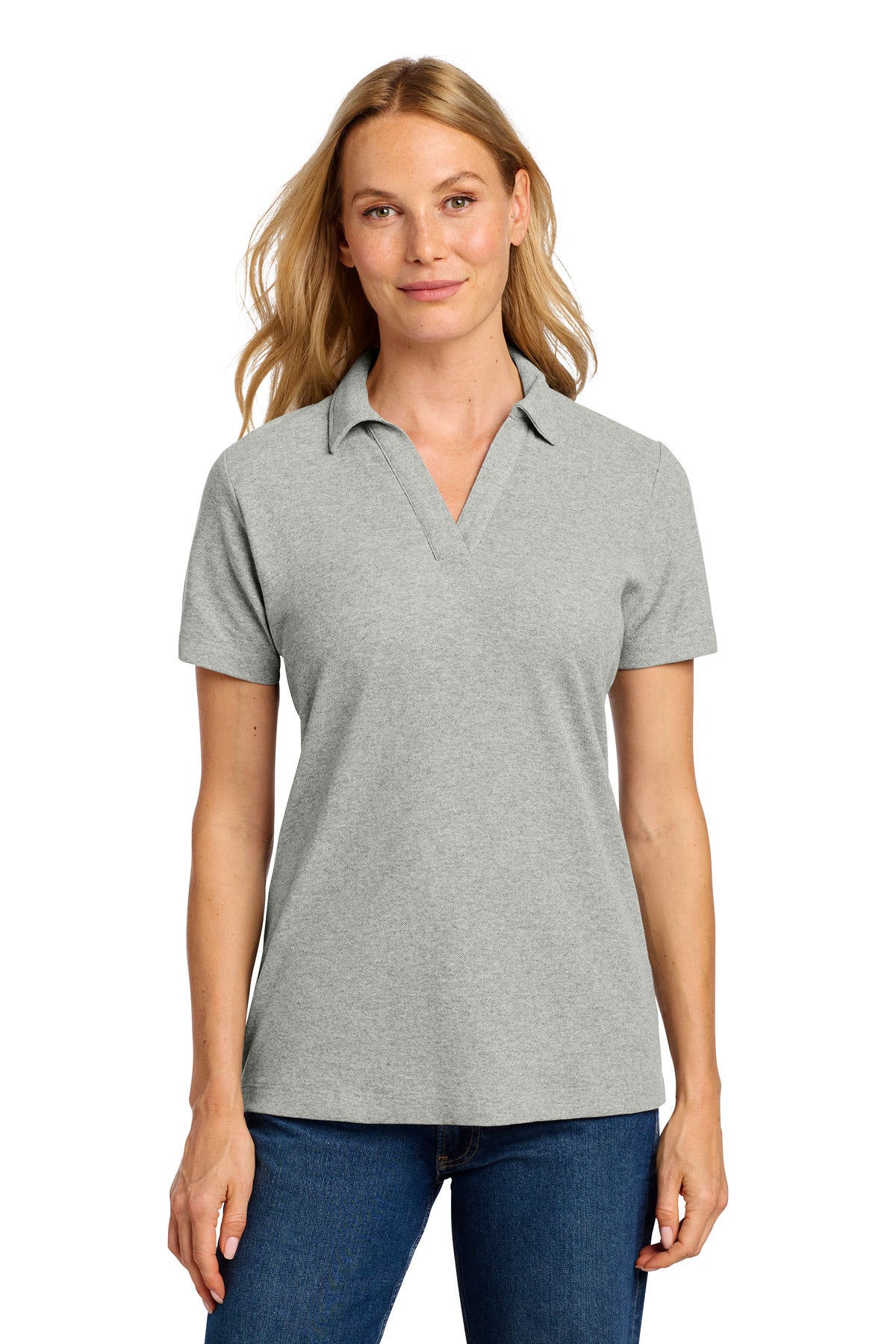 Custom Deep Smoke Heather Women's C-FREE Cotton Blend Pique Polo LK867, personalized by SanCanDo Swag in Argyle, TX