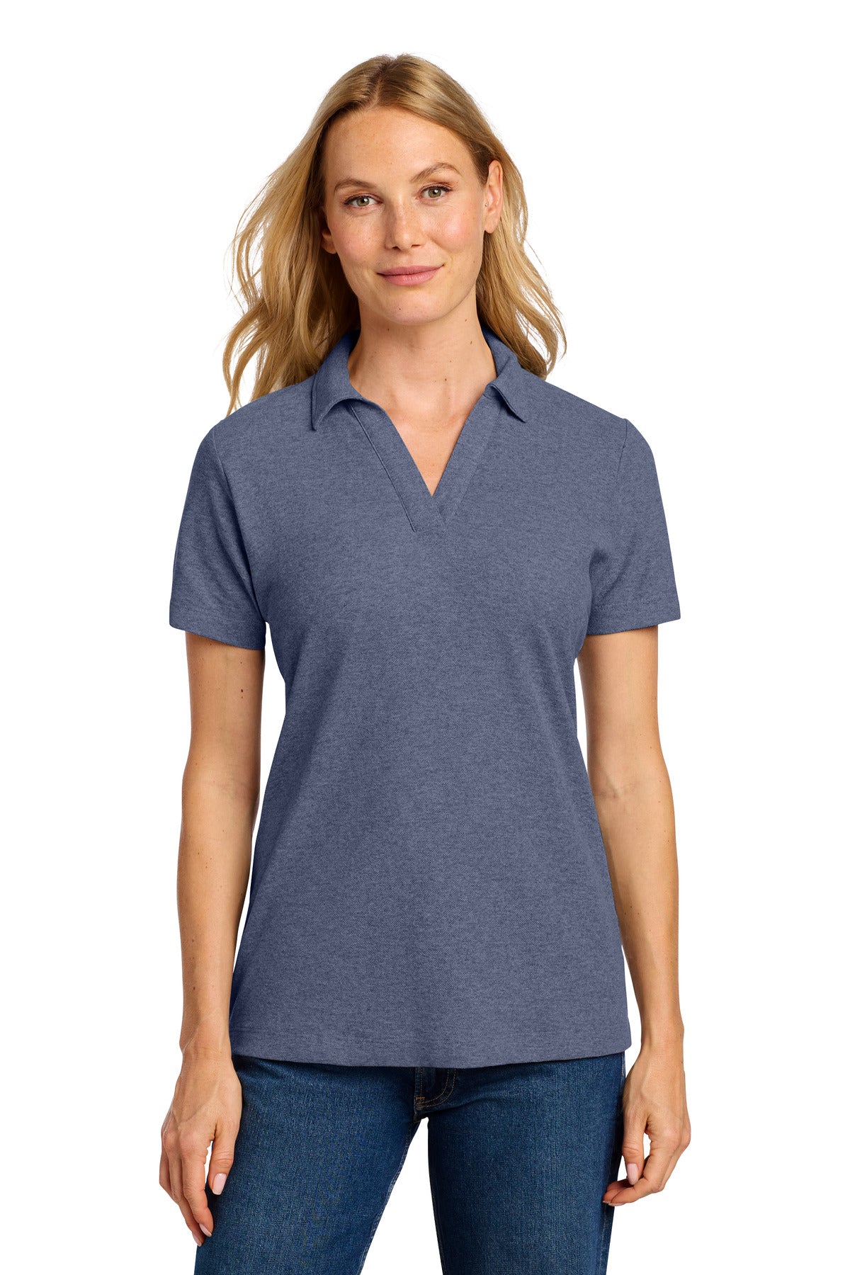 Custom Navy Heather Women's C-FREE Cotton Blend Pique Polo LK867, personalized by SanCanDo Swag in Argyle, TX