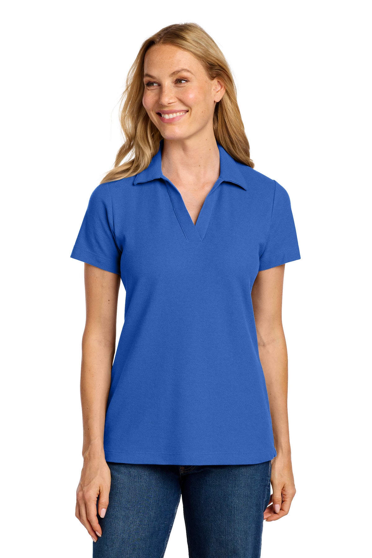 Custom True Blue Women's C-FREE Cotton Blend Pique Polo LK867, personalized by SanCanDo Swag in Argyle, TX