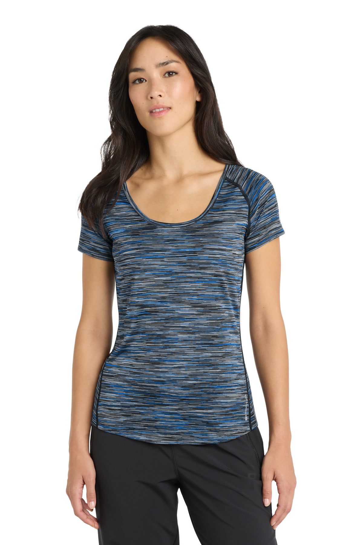 Custom Electric Blue Space Dye Women's Verge Scoop Neck LOE326, personalized by SanCanDo Swag in Argyle, TX