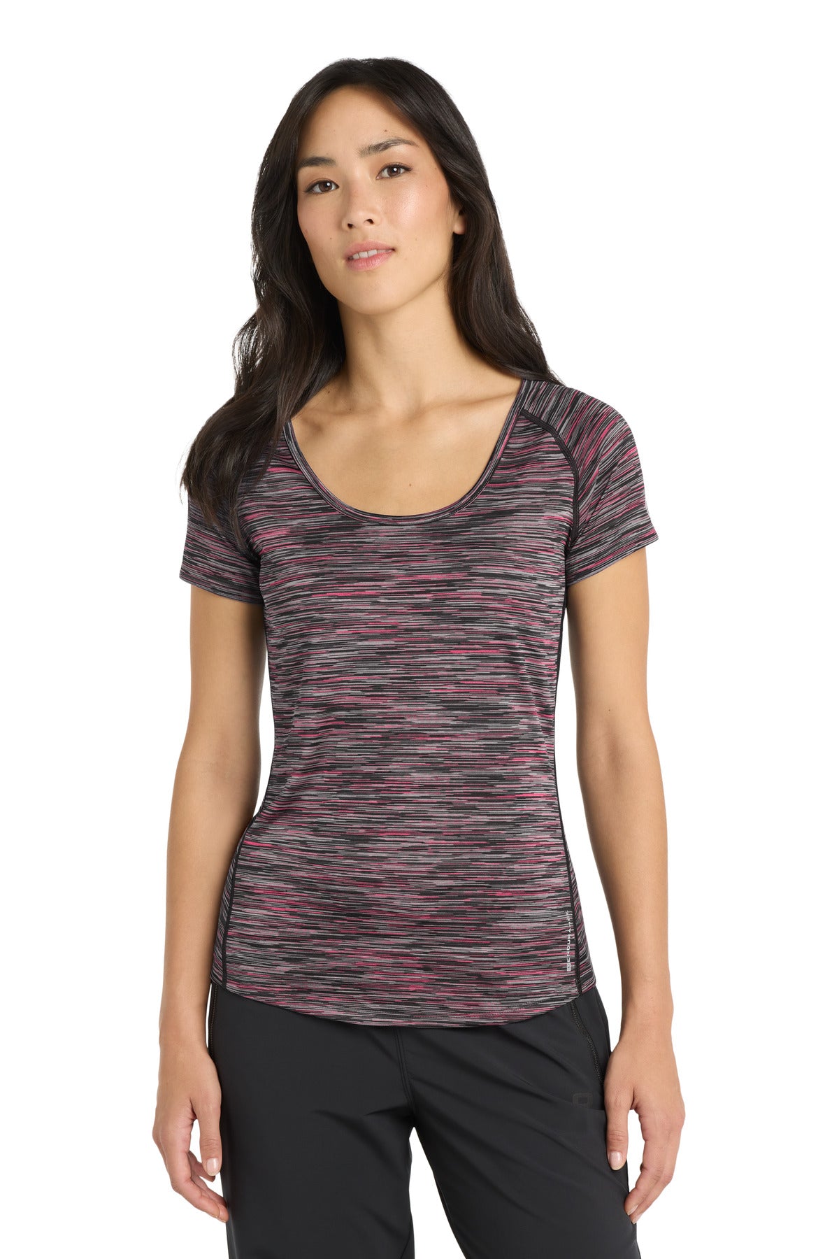 Custom Fierce Coral Space Dye Women's Verge Scoop Neck LOE326, personalized by SanCanDo Swag in Argyle, TX