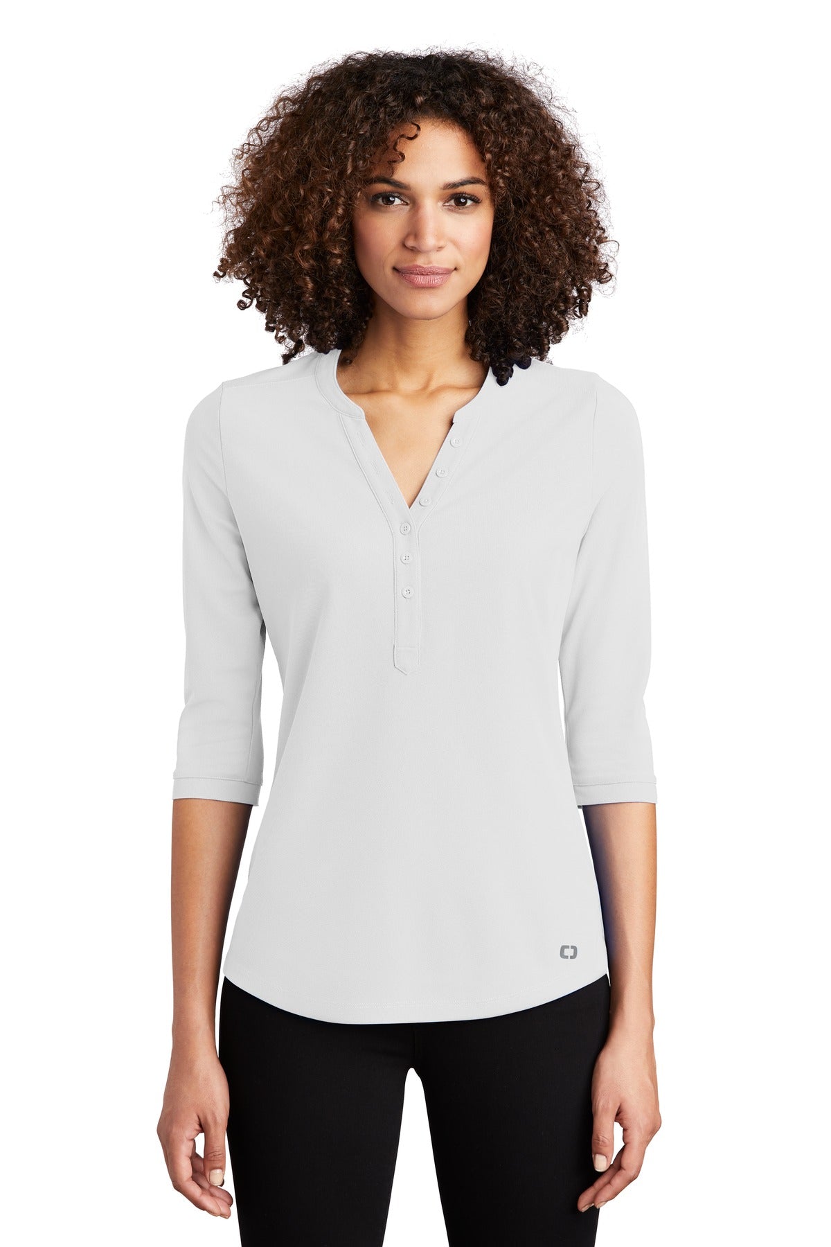 Custom Bright White Women's Jewel Henley LOG104, personalized by SanCanDo Swag in Argyle, TX