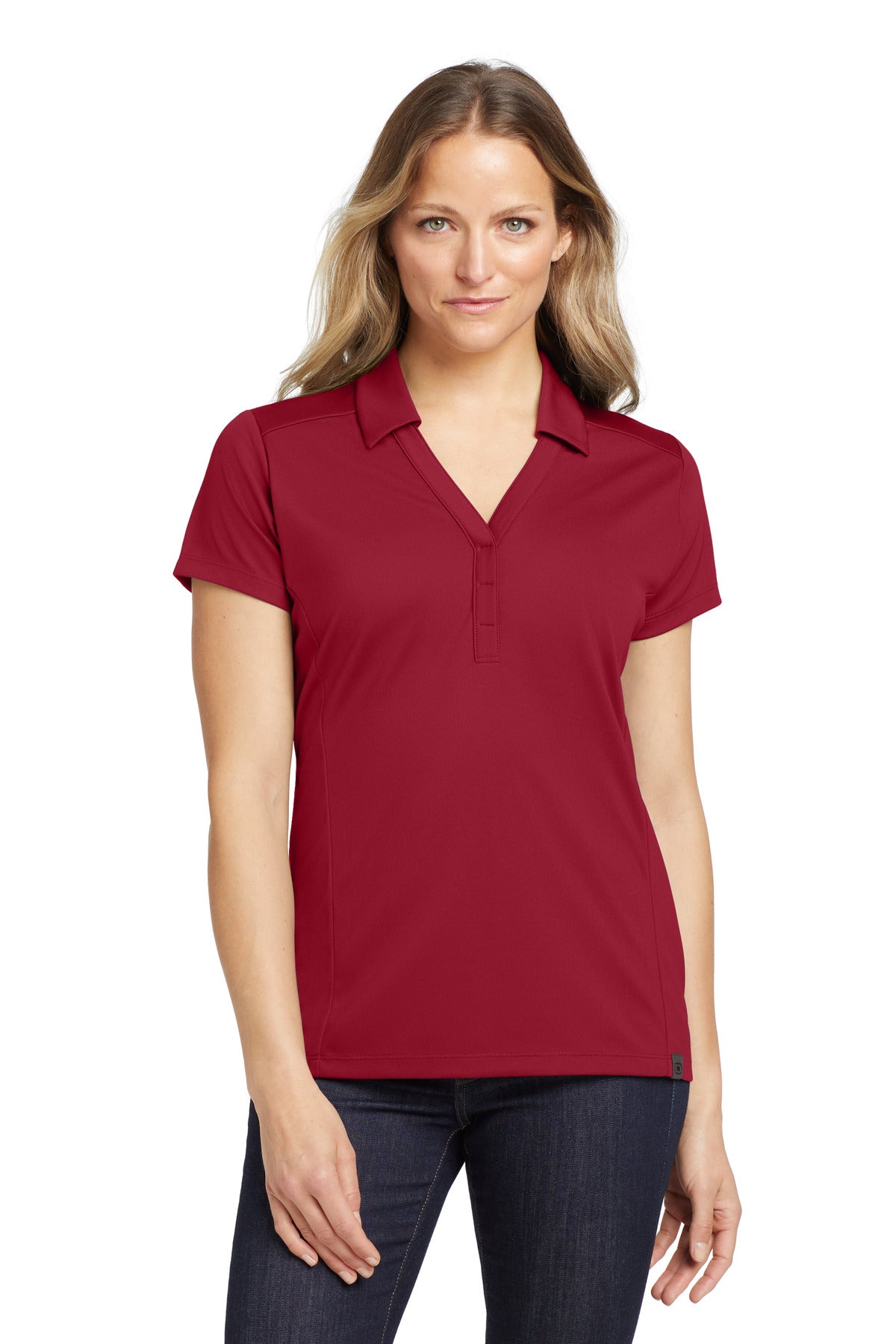 Custom Signal Red Women's Framework Polo LOG125, personalized by SanCanDo Swag in Argyle, TX
