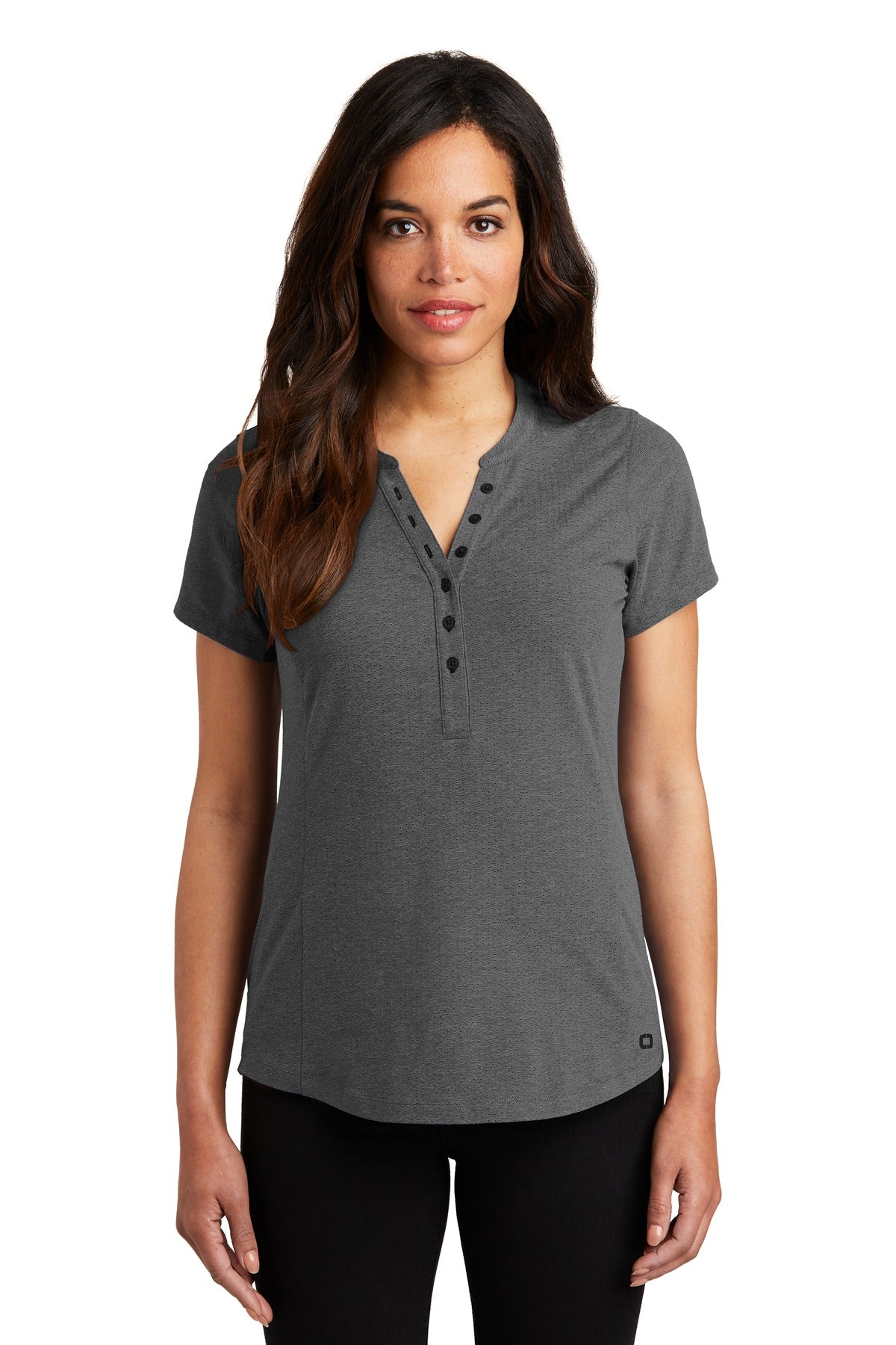 Custom Blacktop Heather Women's Tread Henley LOG136, personalized by SanCanDo Swag in Argyle, TX