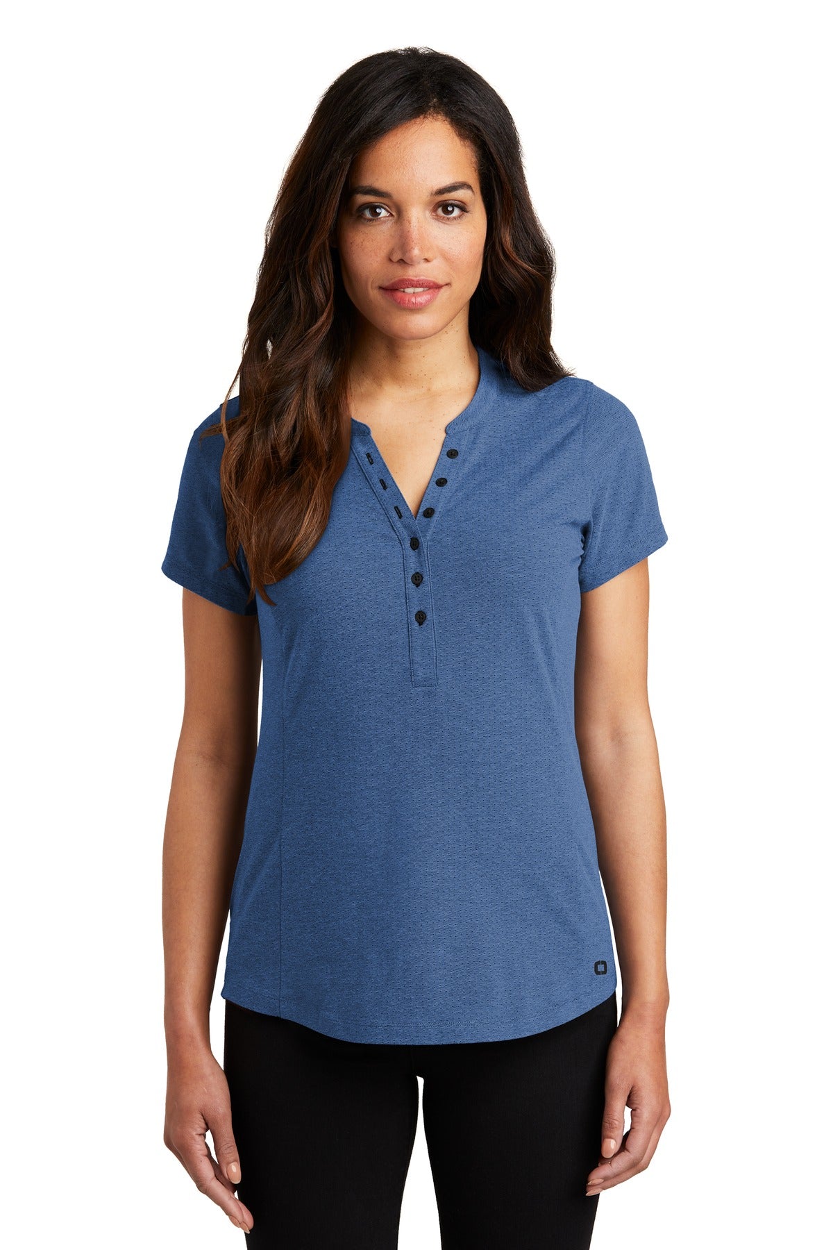 Custom Blue Heather Women's Tread Henley LOG136, personalized by SanCanDo Swag in Argyle, TX