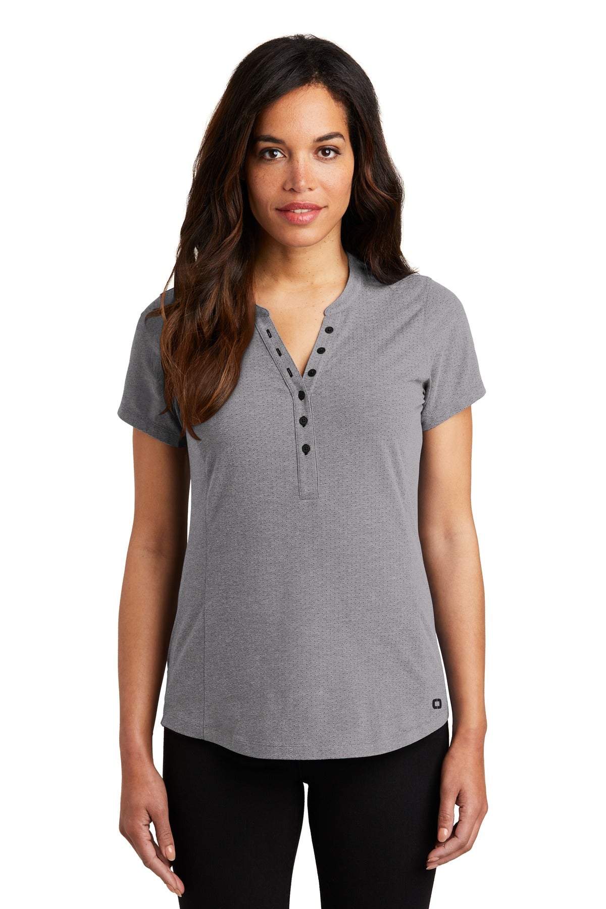 Custom Grey Heather Women's Tread Henley LOG136, personalized by SanCanDo Swag in Argyle, TX
