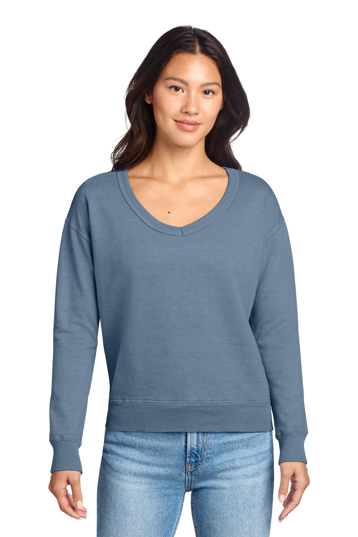 Custom Faded Denim Beach Wash Garment-Dyed V-Neck Sweatshirt LPC098V, personalized by SanCanDo Swag in Argyle, TX