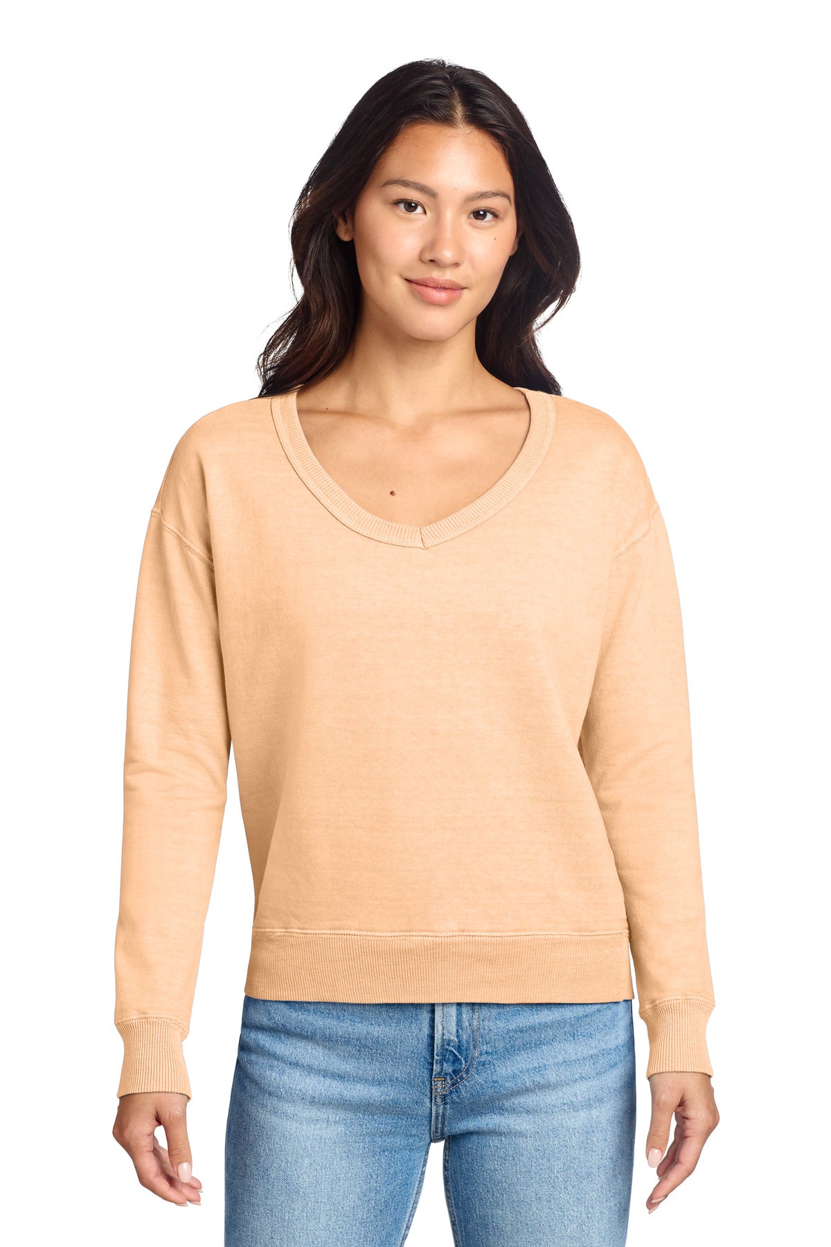 Custom Peach Beach Wash Garment-Dyed V-Neck Sweatshirt LPC098V, personalized by SanCanDo Swag in Argyle, TX