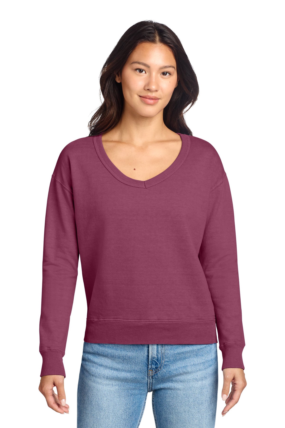 Custom Vintage Raspberry Beach Wash Garment-Dyed V-Neck Sweatshirt LPC098V, personalized by SanCanDo Swag in Argyle, TX