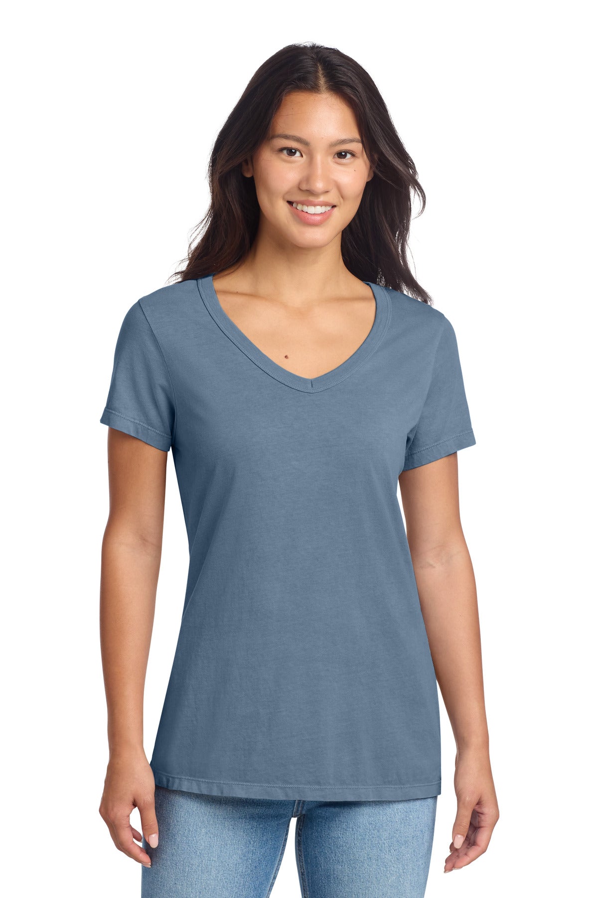 Custom Faded Denim Beach Wash Garment-Dyed V-Neck Tee LPC099V, personalized by SanCanDo Swag in Argyle, TX