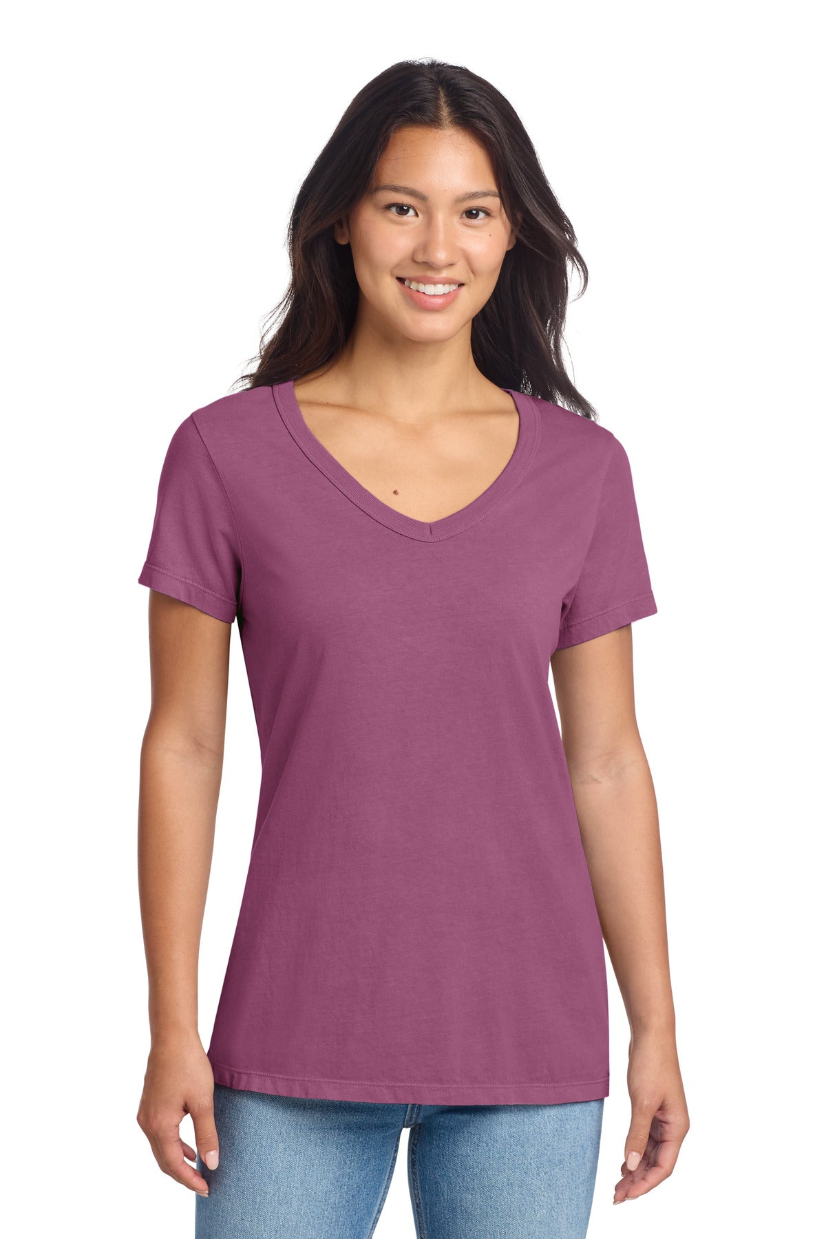 Custom Vintage Raspberry Beach Wash Garment-Dyed V-Neck Tee LPC099V, personalized by SanCanDo Swag in Argyle, TX