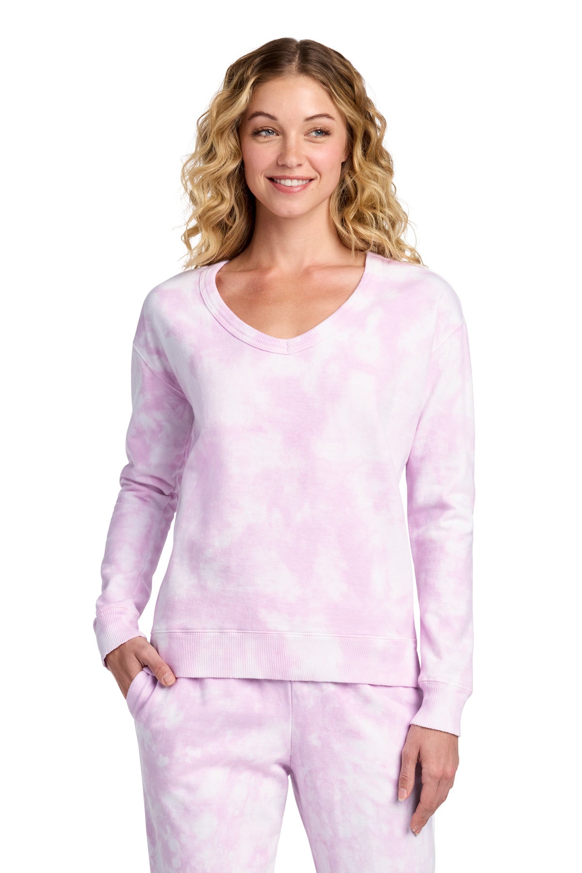 Custom Cerise Pink Beach Wash Cloud Tie-Dye V-Neck Sweatshirt LPC140V, personalized by SanCanDo Swag in Argyle, TX