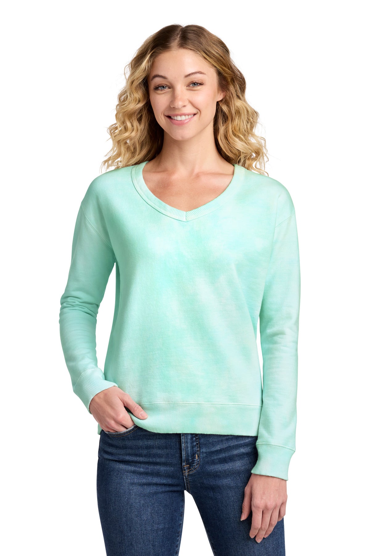 Custom Cool Mint Beach Wash Cloud Tie-Dye V-Neck Sweatshirt LPC140V, personalized by SanCanDo Swag in Argyle, TX