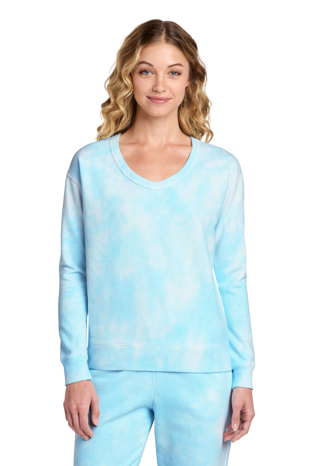 Custom Glacier Beach Wash Cloud Tie-Dye V-Neck Sweatshirt LPC140V, personalized by SanCanDo Swag in Argyle, TX