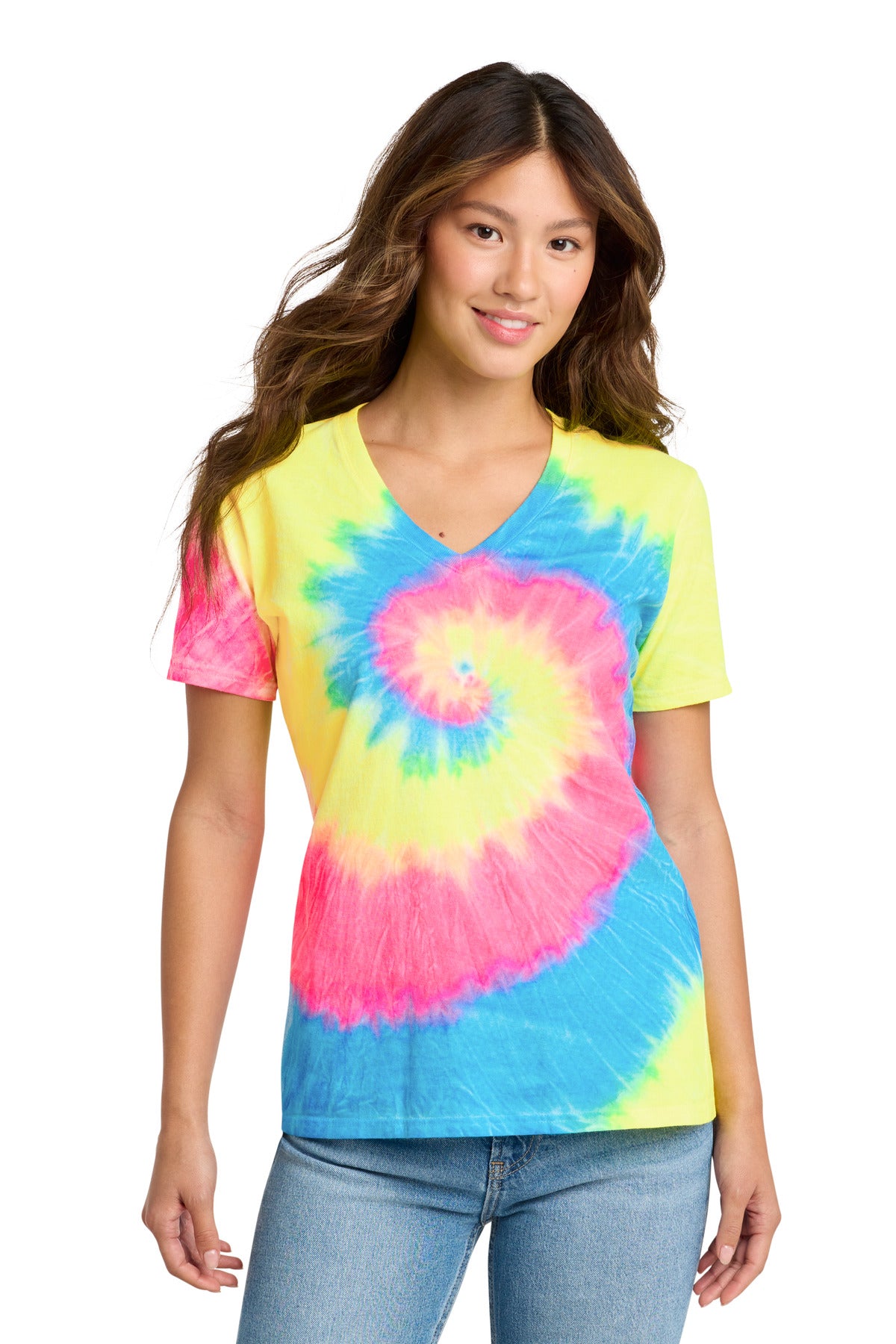 Custom Neon Rainbow Women's Tie-Dye V-Neck Tee LPC147V, personalized by SanCanDo Swag in Argyle, TX
