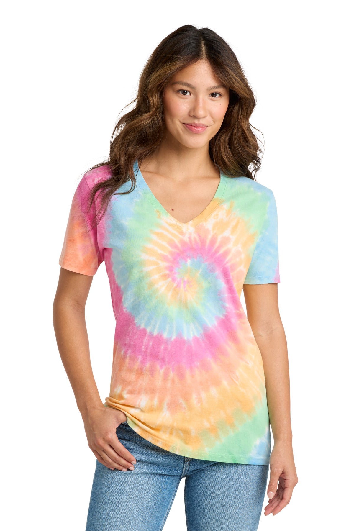 Custom Pastel Rainbow Women's Tie-Dye V-Neck Tee LPC147V, personalized by SanCanDo Swag in Argyle, TX