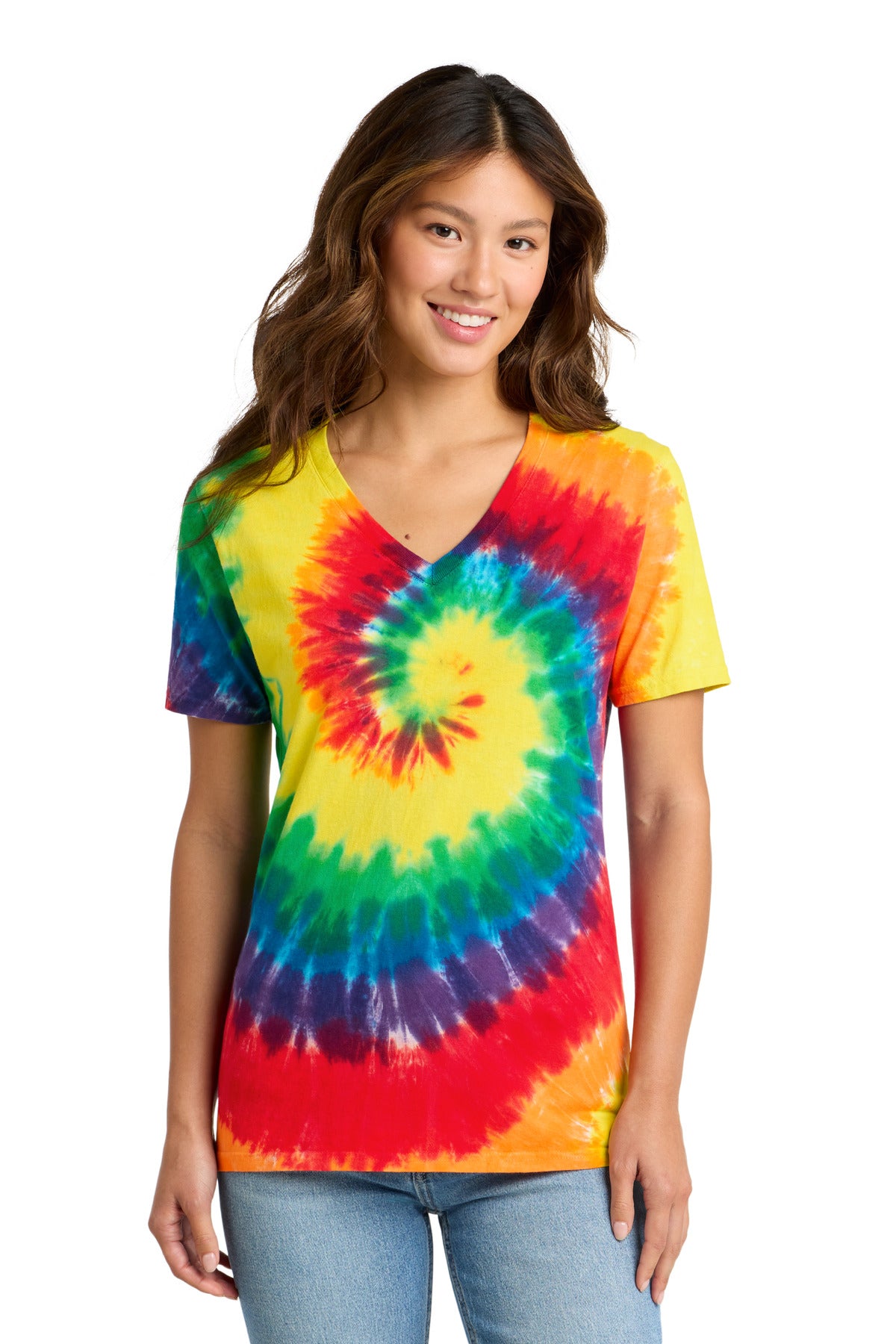 Custom Rainbow Women's Tie-Dye V-Neck Tee LPC147V, personalized by SanCanDo Swag in Argyle, TX