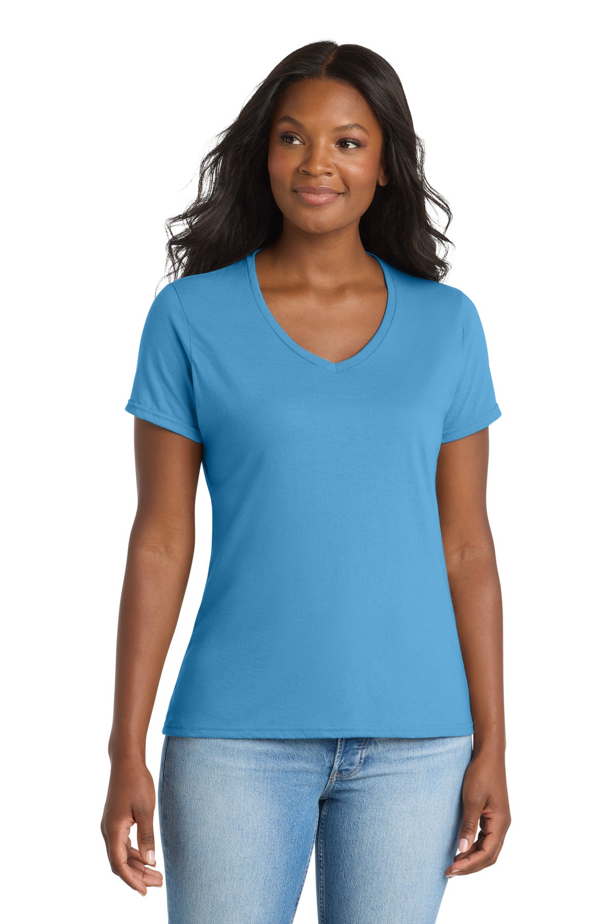Custom Aquatic Blue Women's Performance Blend V-Neck Tee LPC381V, personalized by SanCanDo Swag in Argyle, TX