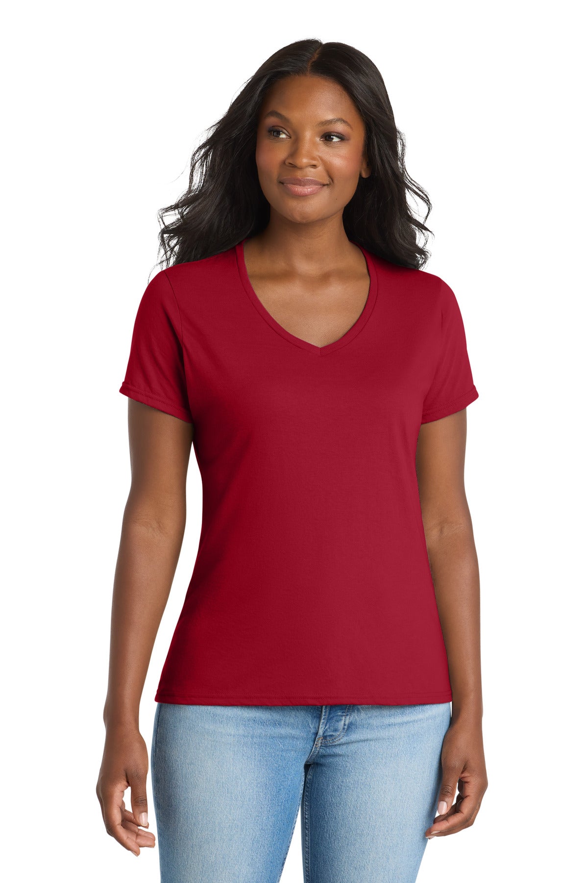 Custom Red Women's Performance Blend V-Neck Tee LPC381V, personalized by SanCanDo Swag in Argyle, TX