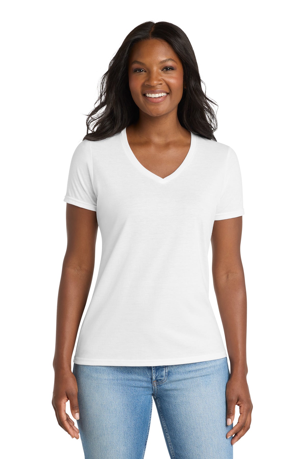 Custom White Women's Performance Blend V-Neck Tee LPC381V, personalized by SanCanDo Swag in Argyle, TX