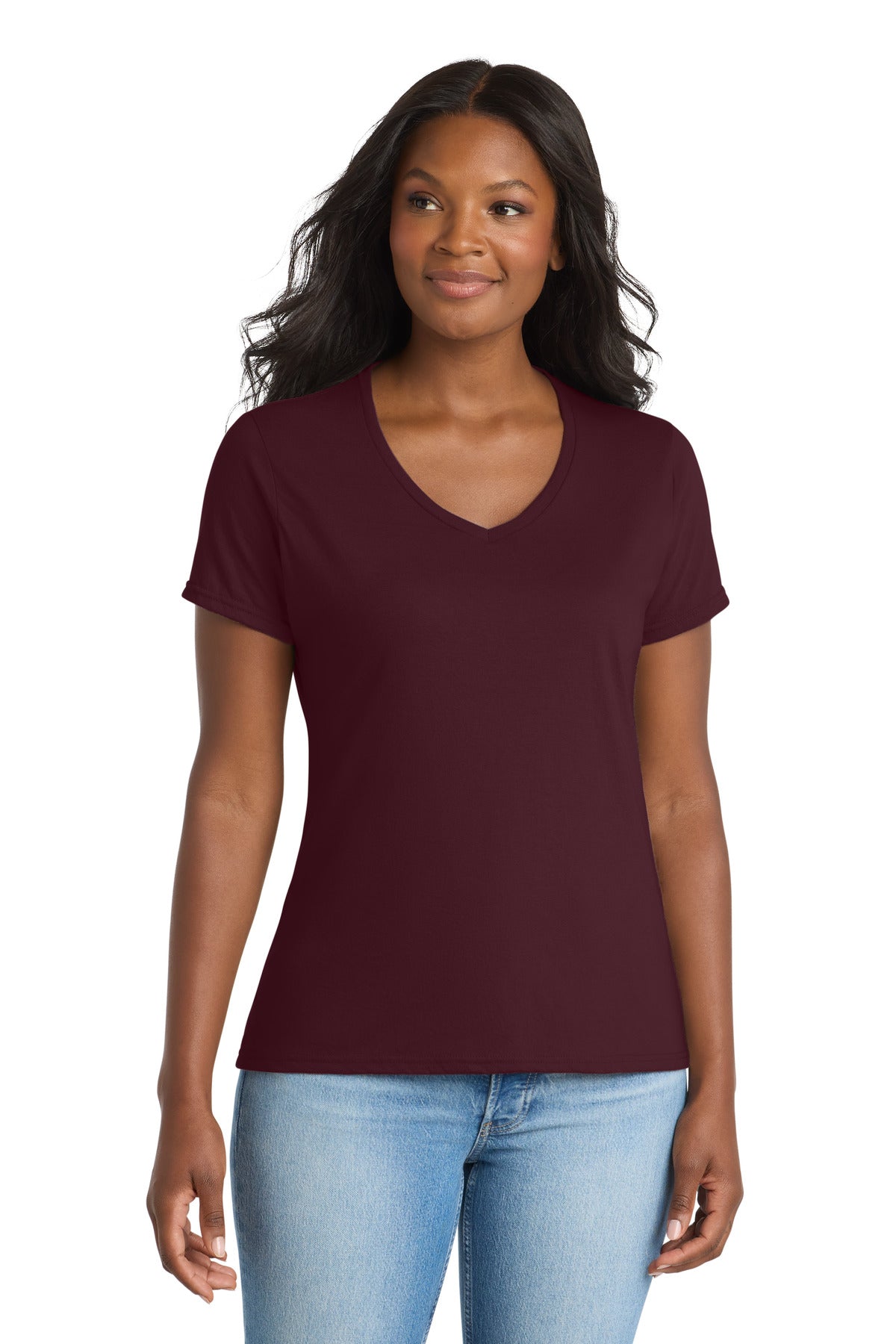 Custom Athletic Maroon Women's Performance Blend V-Neck Tee LPC381V, personalized by SanCanDo Swag in Argyle, TX
