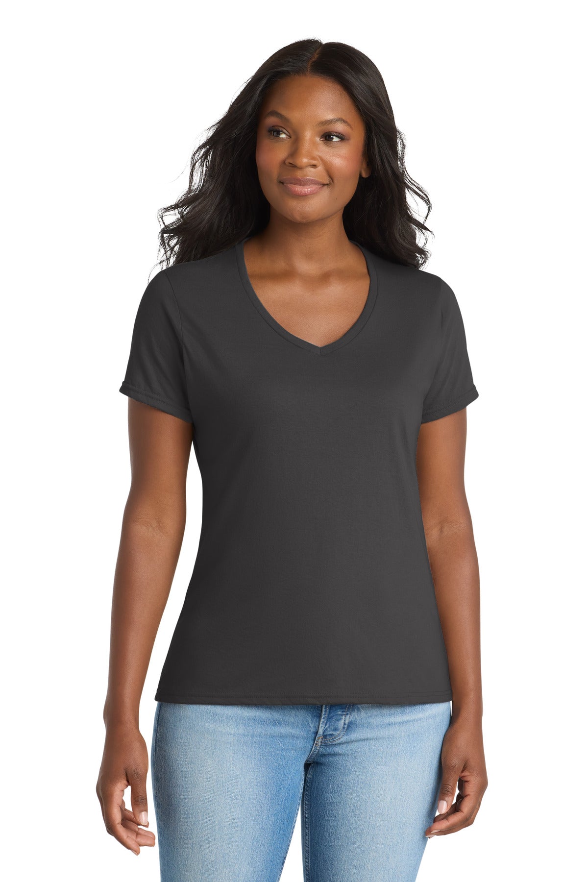 Custom Charcoal Women's Performance Blend V-Neck Tee LPC381V, personalized by SanCanDo Swag in Argyle, TX