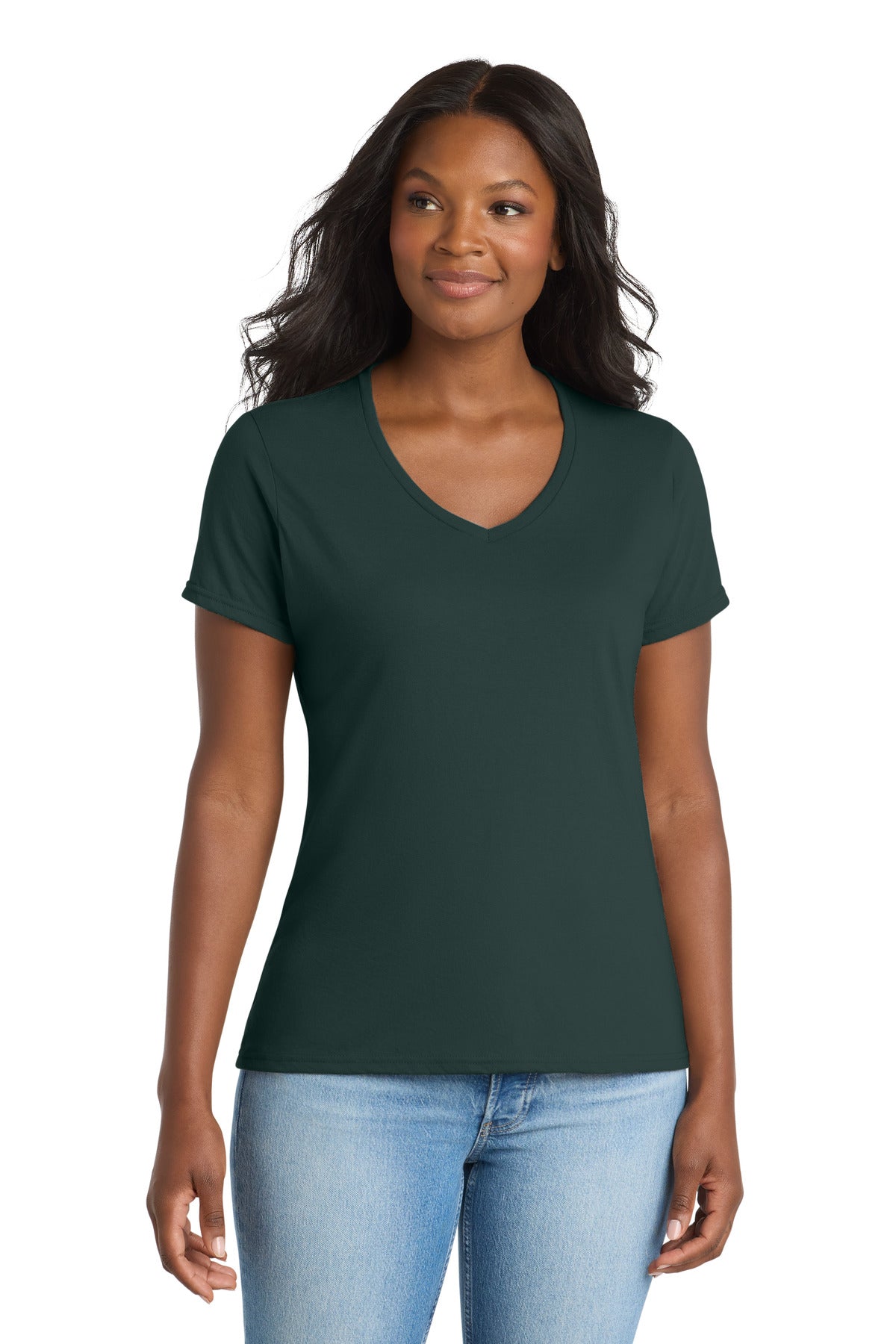 Custom Dark Green Women's Performance Blend V-Neck Tee LPC381V, personalized by SanCanDo Swag in Argyle, TX