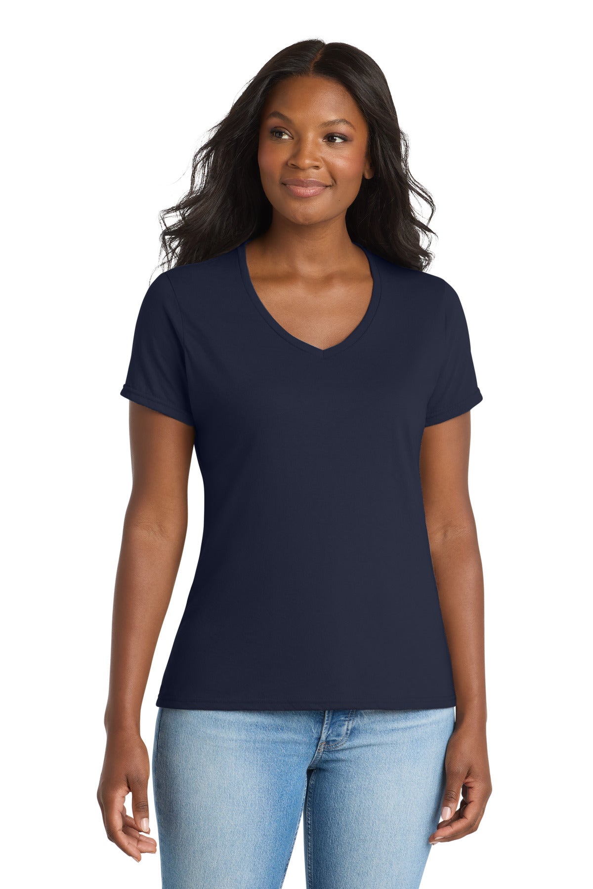 Custom Deep Navy Women's Performance Blend V-Neck Tee LPC381V, personalized by SanCanDo Swag in Argyle, TX