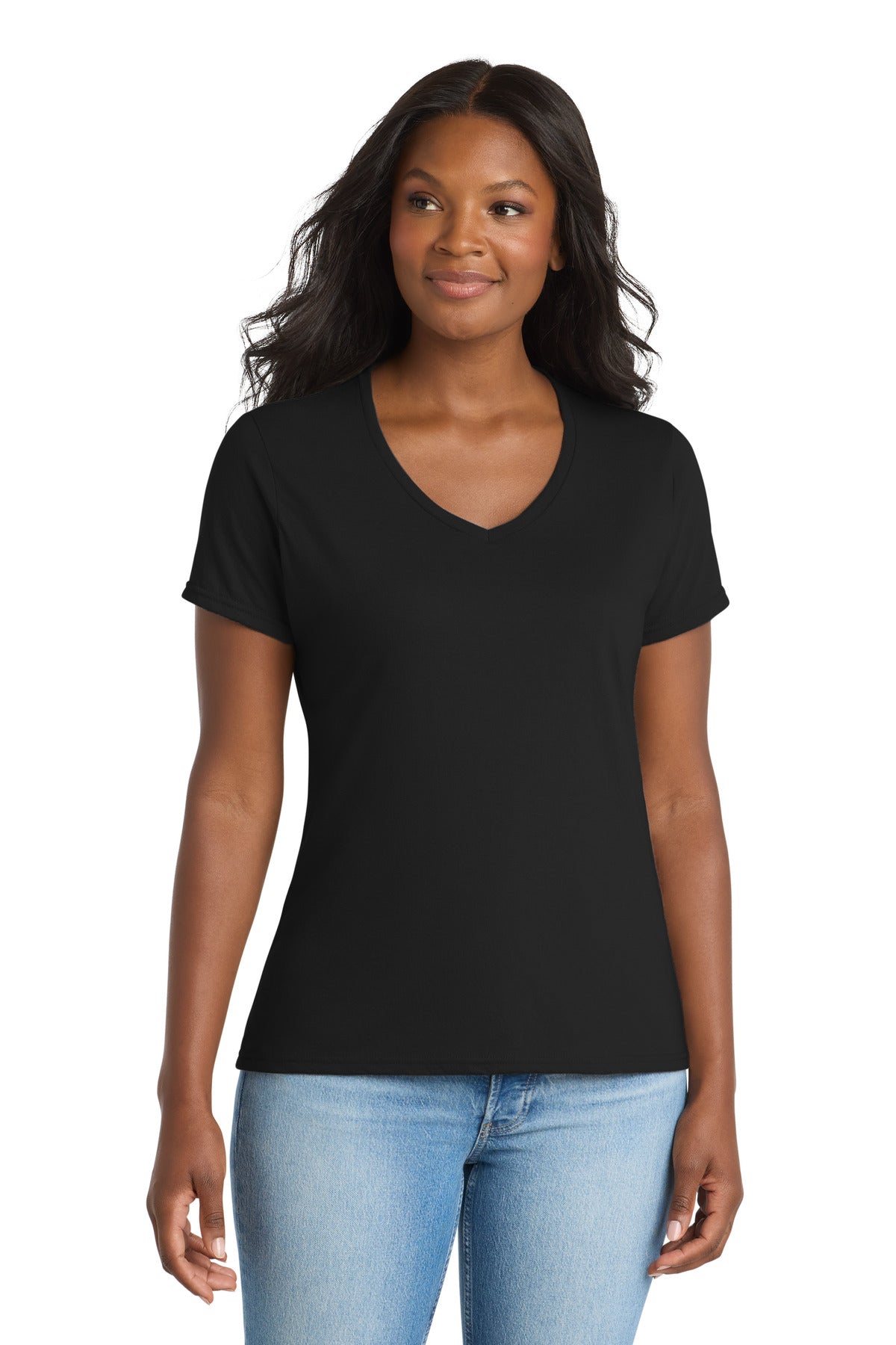 Custom Jet Black Women's Performance Blend V-Neck Tee LPC381V, personalized by SanCanDo Swag in Argyle, TX
