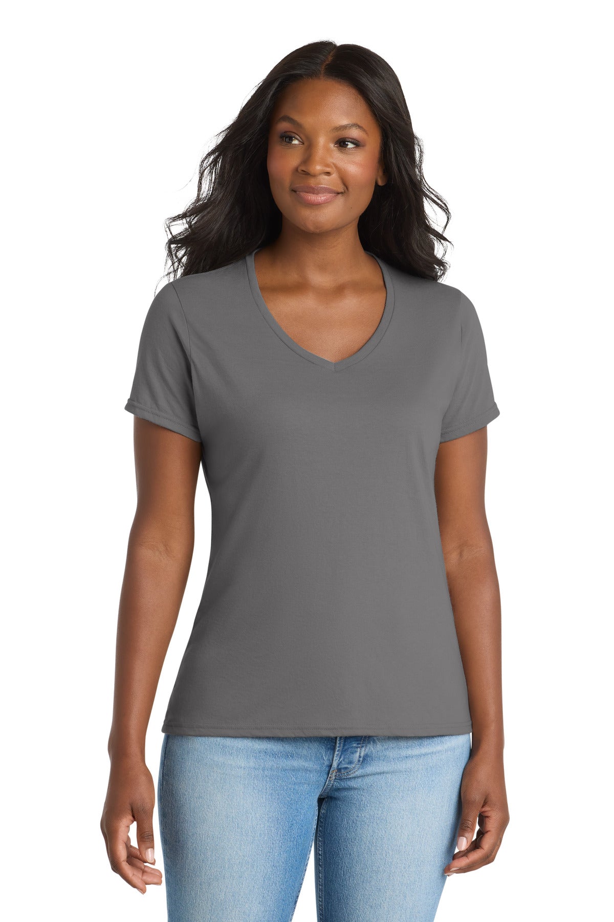 Custom Medium Grey Women's Performance Blend V-Neck Tee LPC381V, personalized by SanCanDo Swag in Argyle, TX
