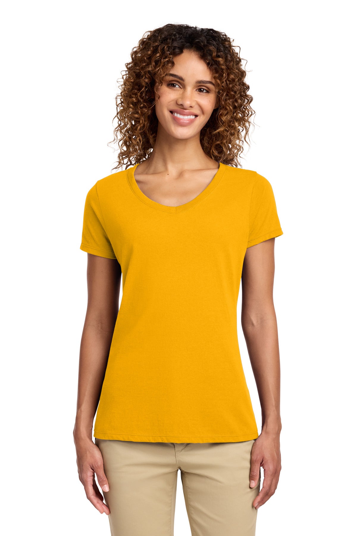 Custom Bright Gold Women's Fan Favorite V-Neck Tee LPC450V, personalized by SanCanDo Swag in Argyle, TX