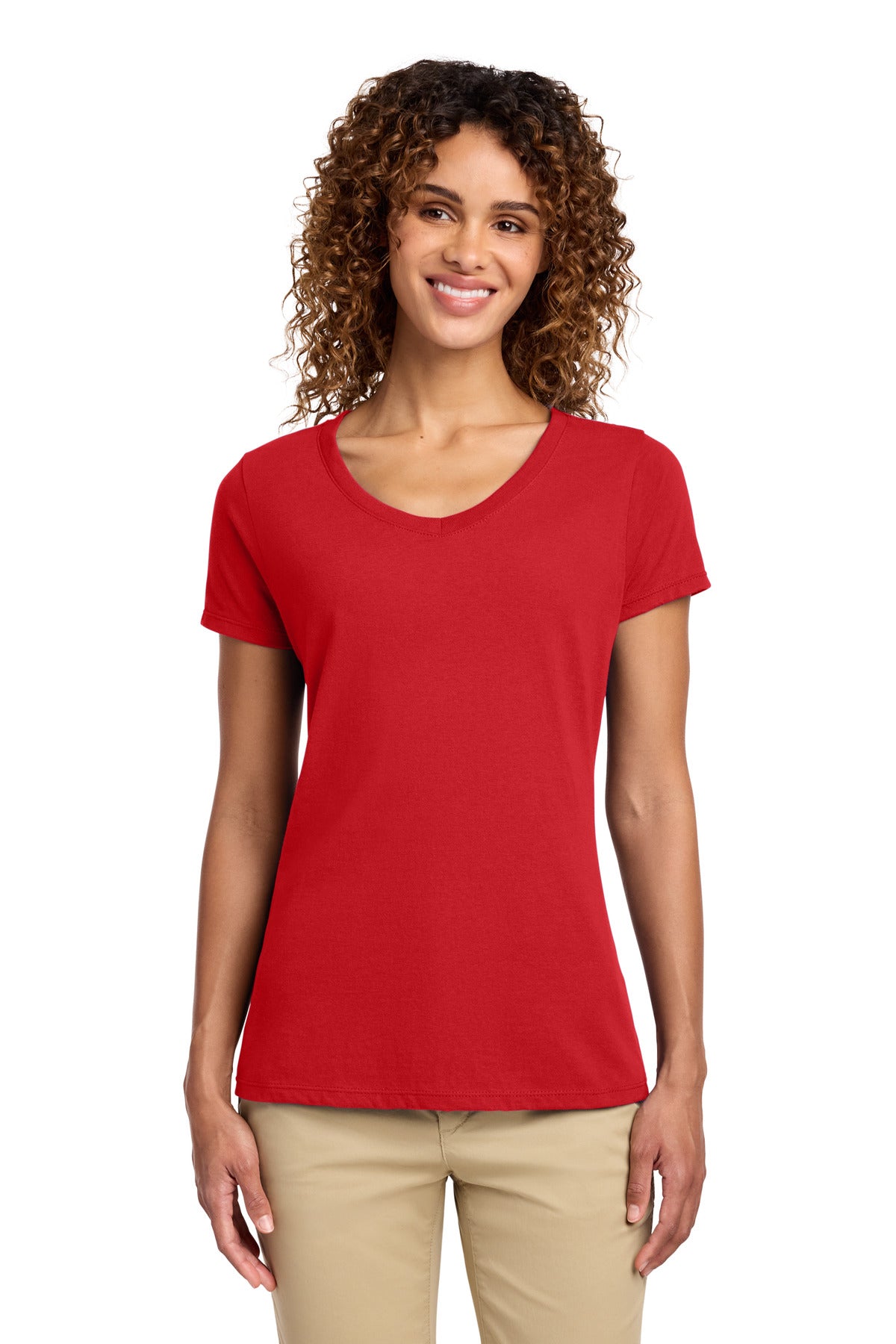 Custom Bright Red Women's Fan Favorite V-Neck Tee LPC450V, personalized by SanCanDo Swag in Argyle, TX