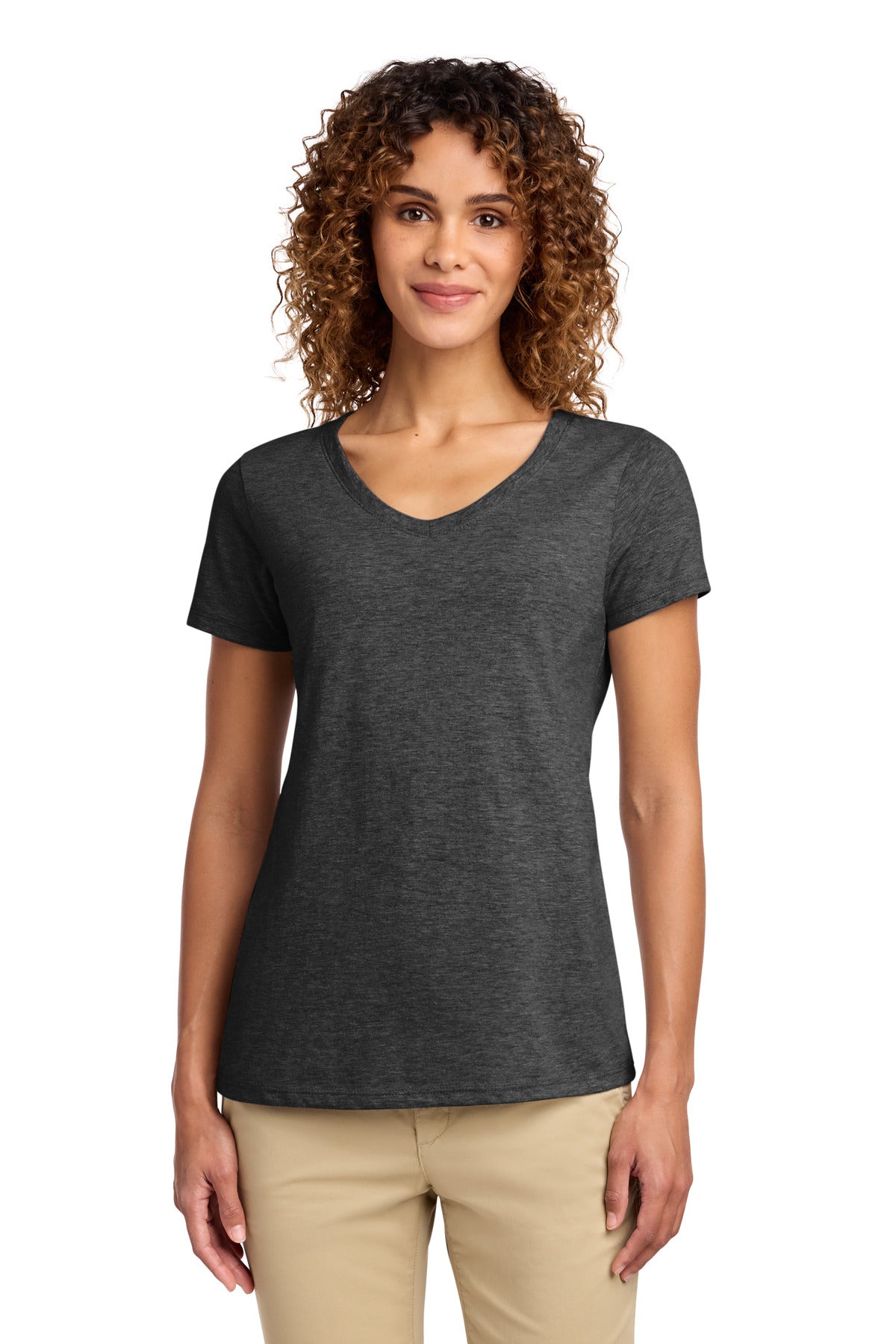 Custom Dark Heather Grey Women's Fan Favorite V-Neck Tee LPC450V, personalized by SanCanDo Swag in Argyle, TX