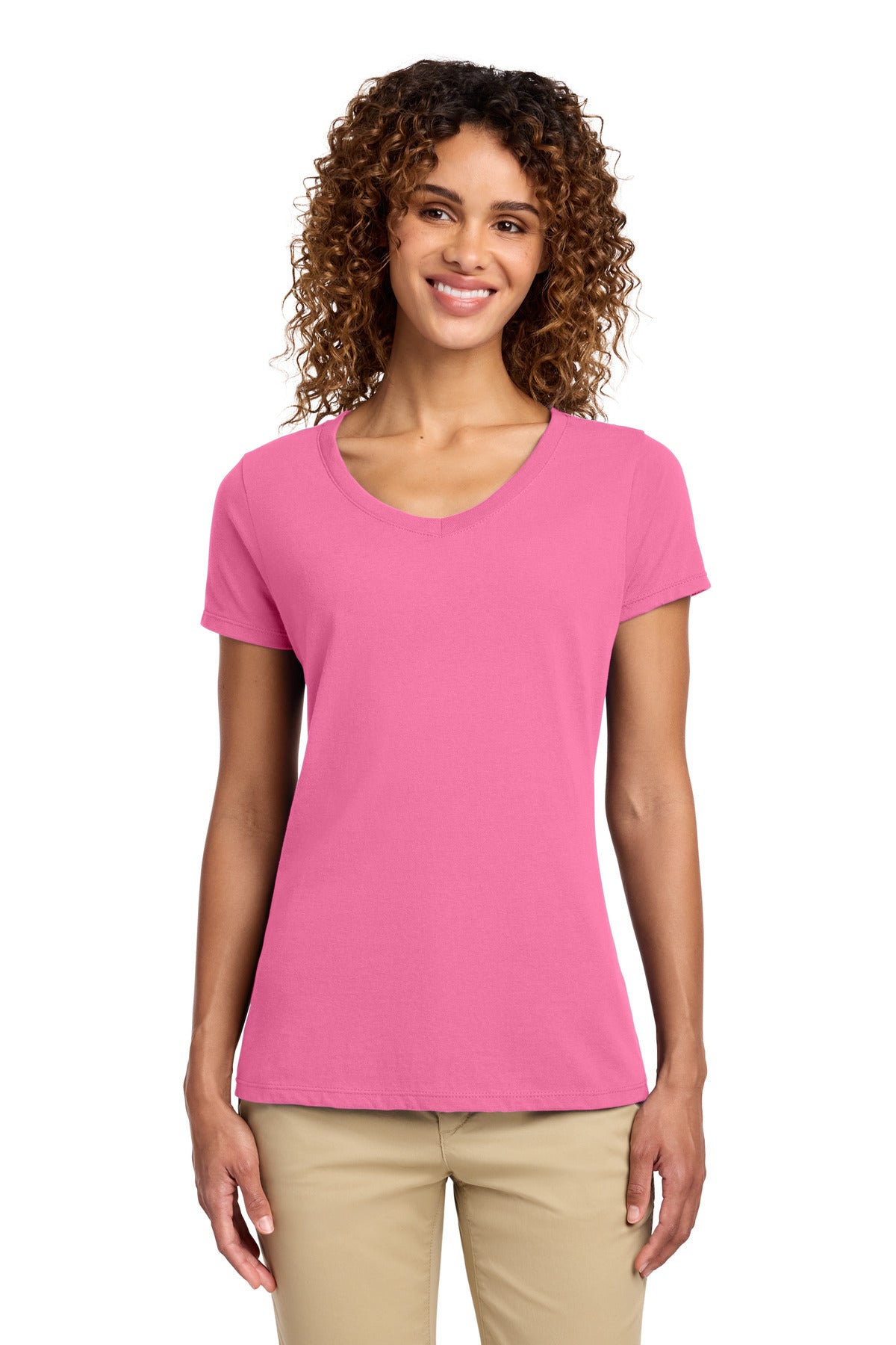 Custom New Pink Women's Fan Favorite V-Neck Tee LPC450V, personalized by SanCanDo Swag in Argyle, TX