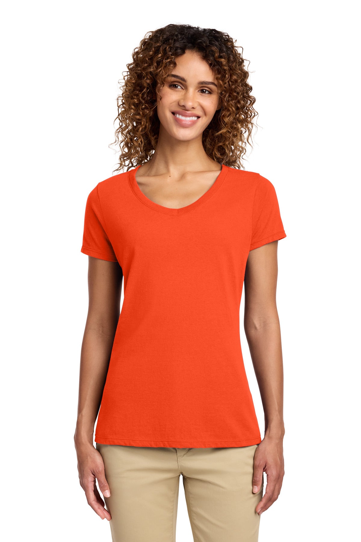 Custom Orange Women's Fan Favorite V-Neck Tee LPC450V, personalized by SanCanDo Swag in Argyle, TX