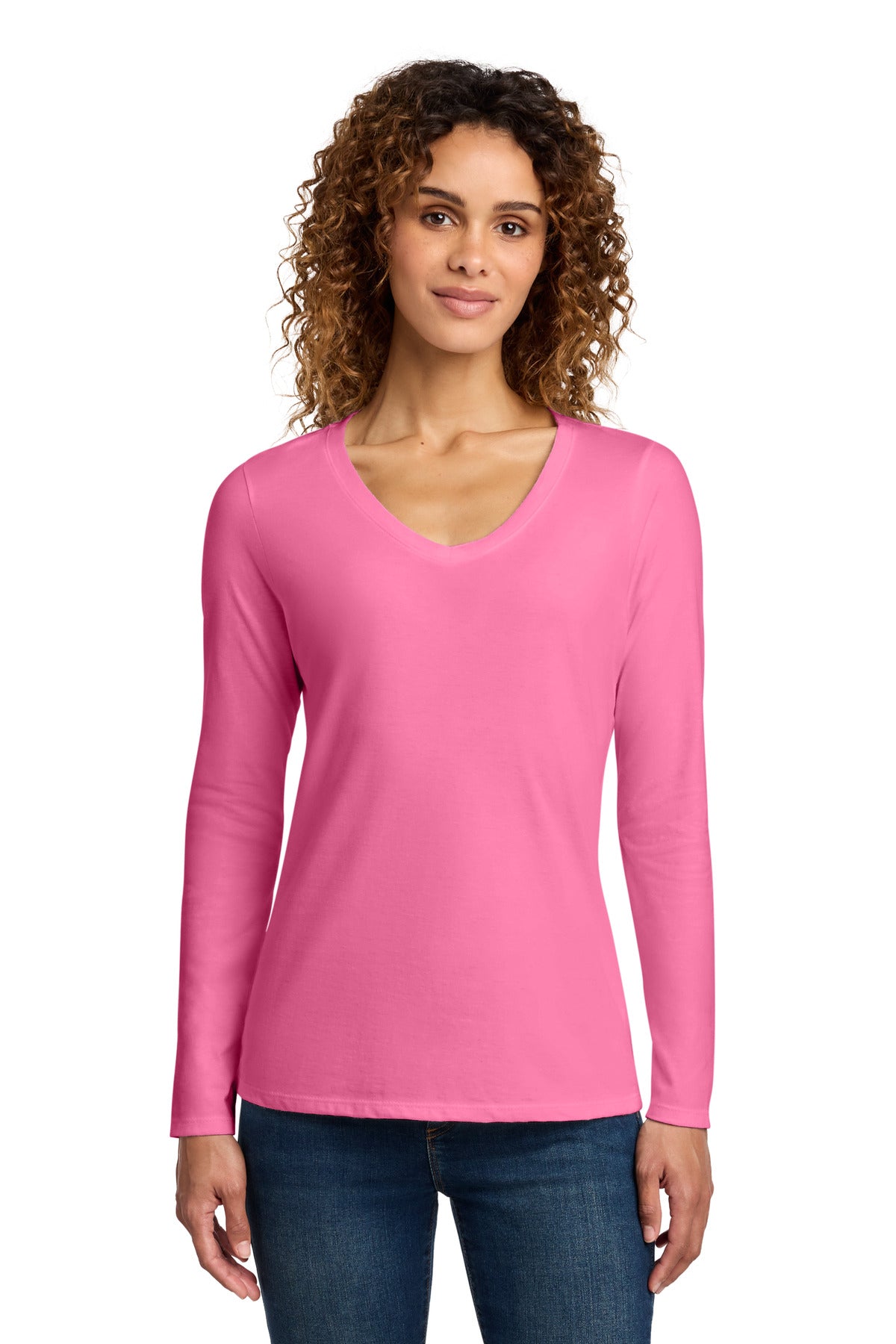 Custom New Pink Long Sleeve Fan Favorite V-Neck Tee LPC450VLS, personalized by SanCanDo Swag in Argyle, TX