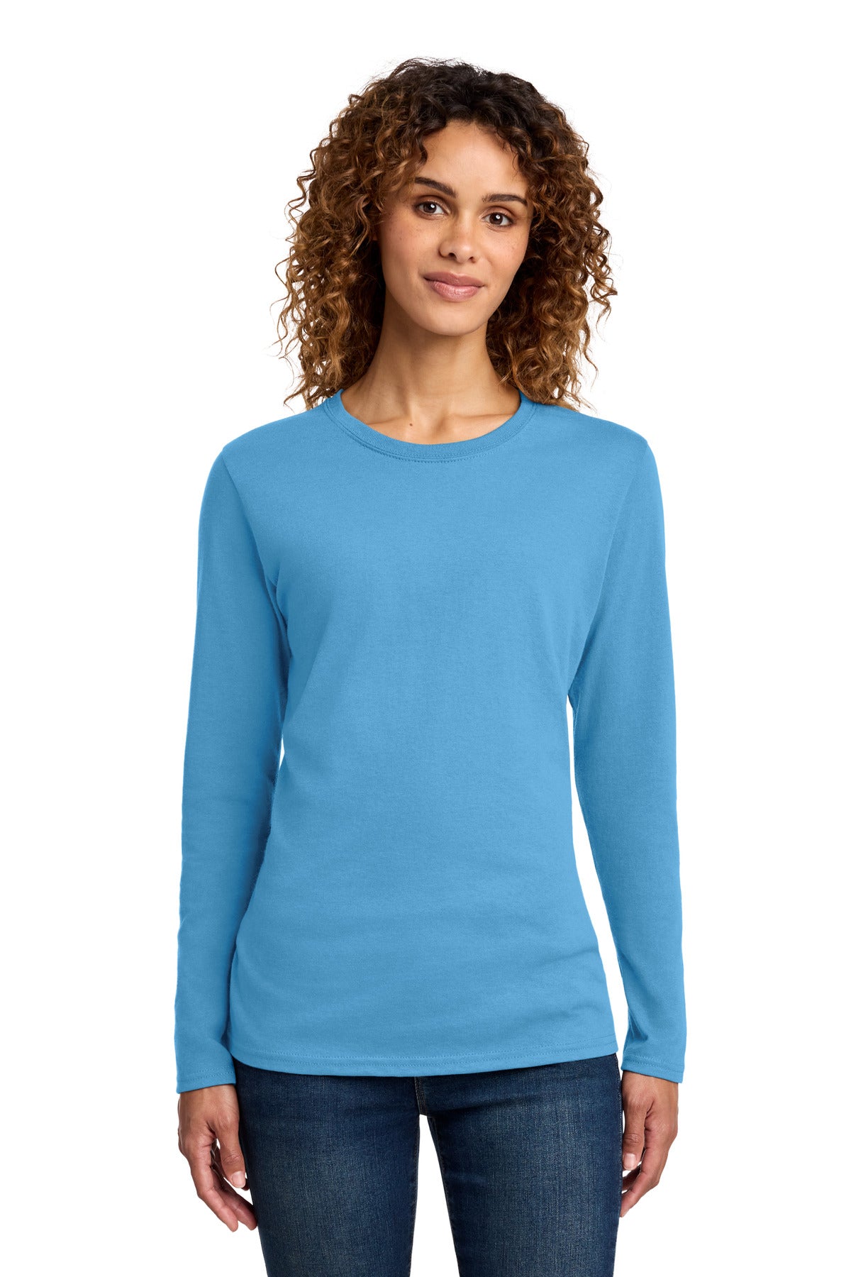 Custom Aquatic Blue Women's Long Sleeve Core Cotton Tee LPC54LS, personalized by SanCanDo Swag in Argyle, TX