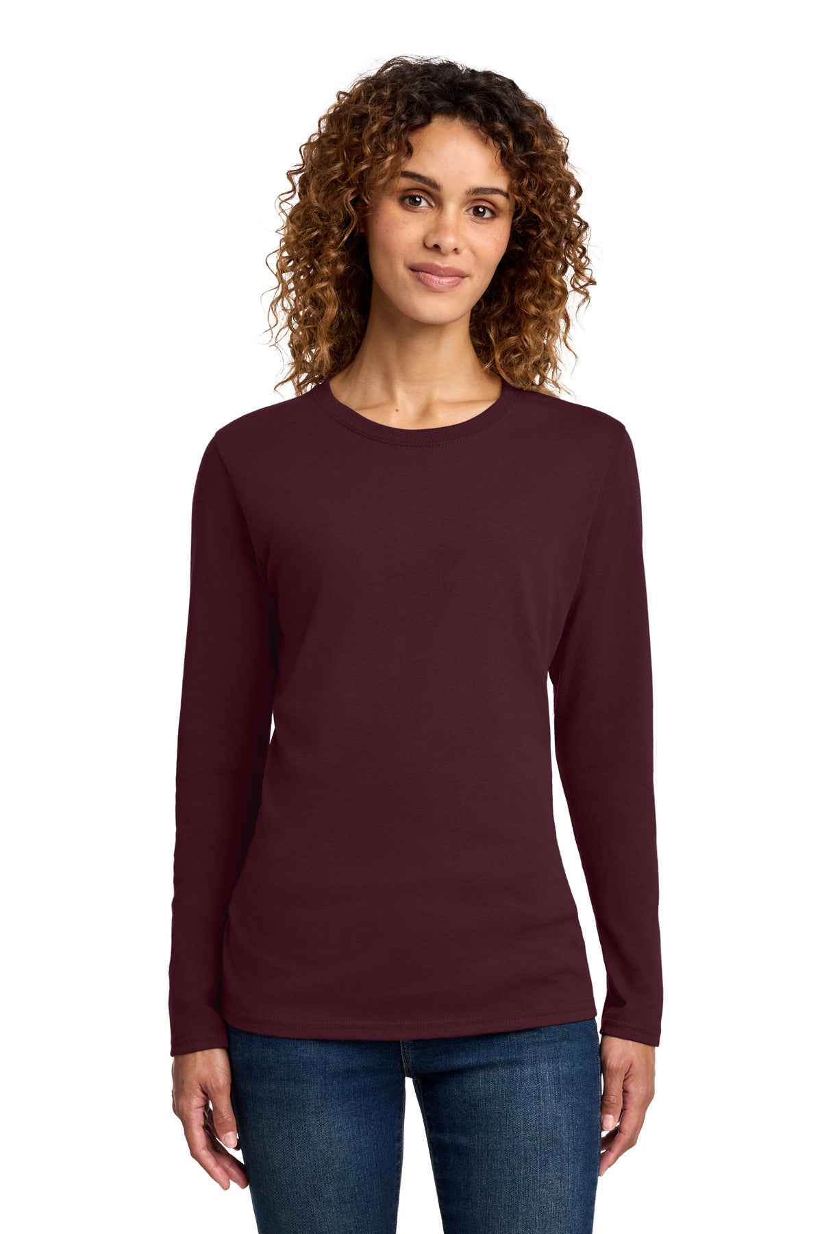 Custom Athletic Maroon Women's Long Sleeve Core Cotton Tee LPC54LS, personalized by SanCanDo Swag in Argyle, TX
