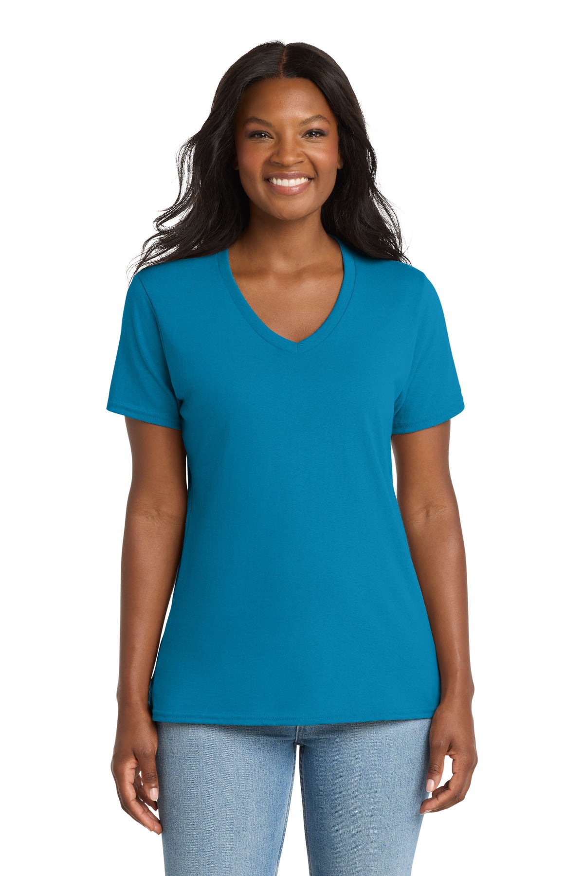 Custom Neon Blue Women's Core Cotton V-Neck Tee LPC54V, personalized by SanCanDo Swag in Argyle, TX