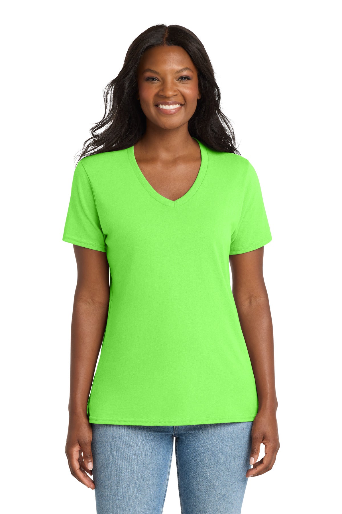 Custom Neon Green Women's Core Cotton V-Neck Tee LPC54V, personalized by SanCanDo Swag in Argyle, TX
