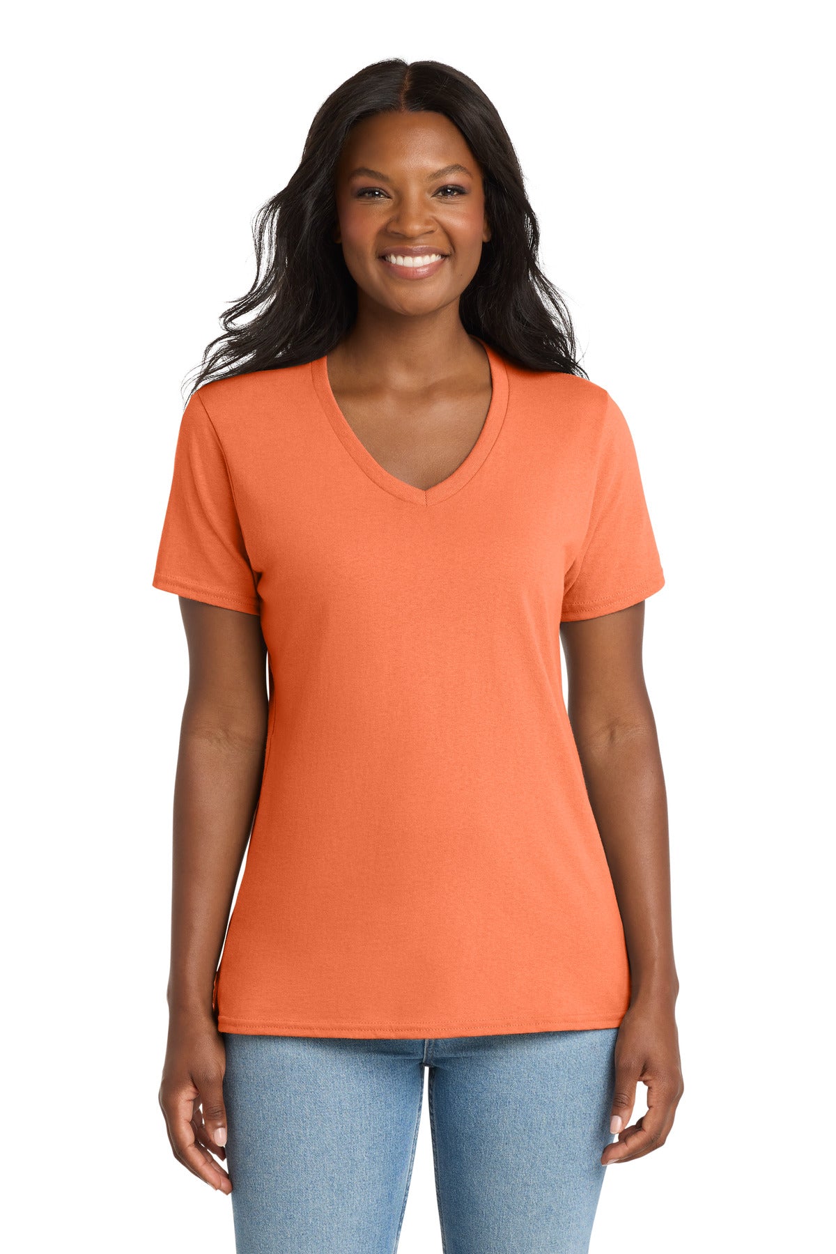 Custom Neon Orange Women's Core Cotton V-Neck Tee LPC54V, personalized by SanCanDo Swag in Argyle, TX