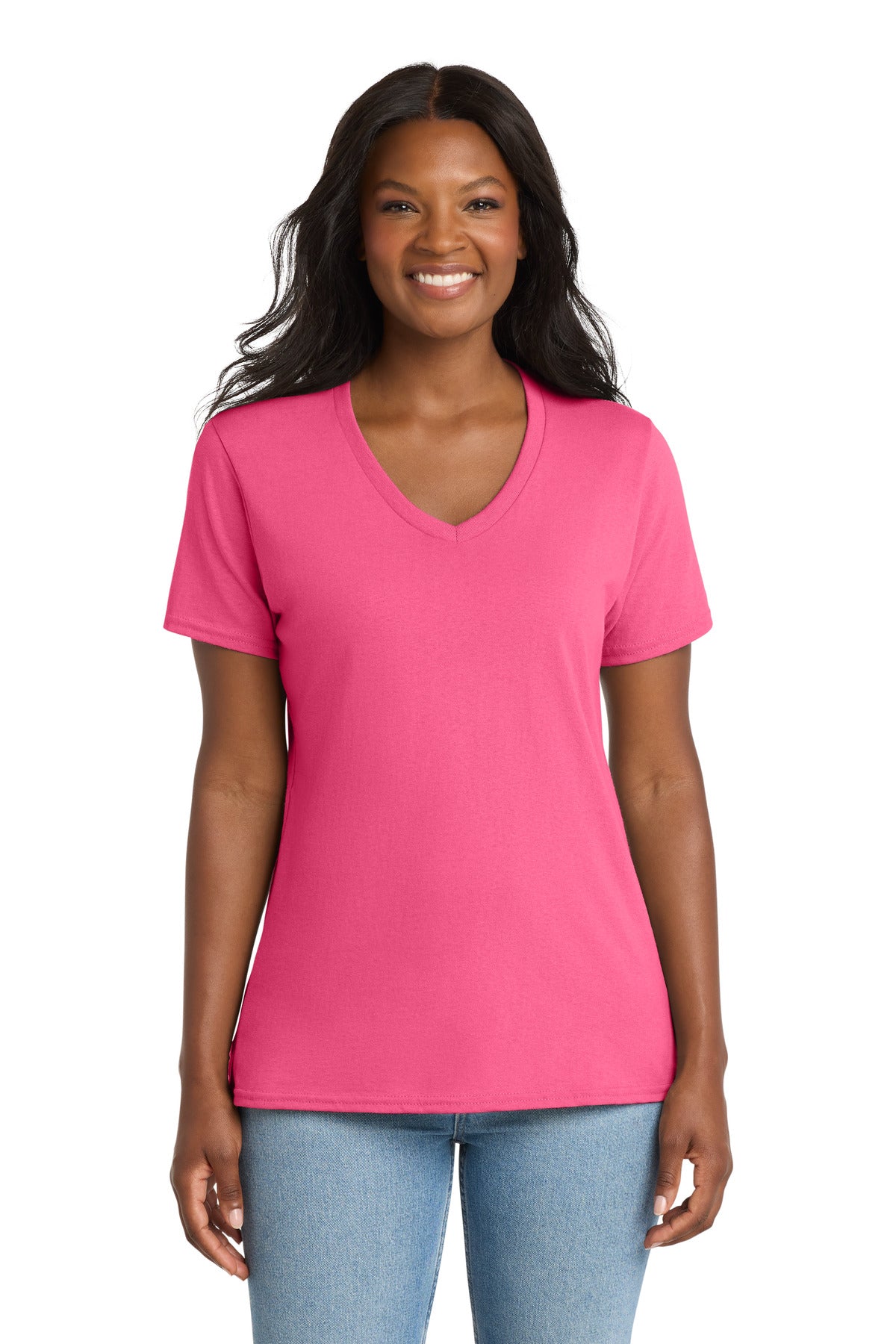 Custom Neon Pink Women's Core Cotton V-Neck Tee LPC54V, personalized by SanCanDo Swag in Argyle, TX
