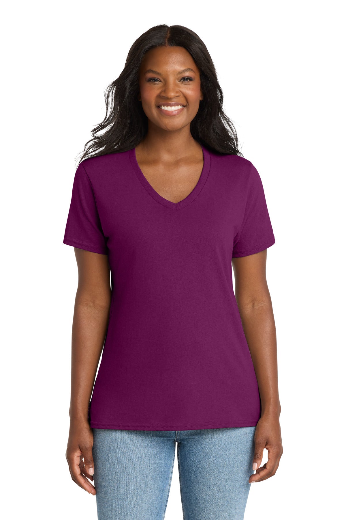 Custom Raspberry Women's Core Cotton V-Neck Tee LPC54V, personalized by SanCanDo Swag in Argyle, TX