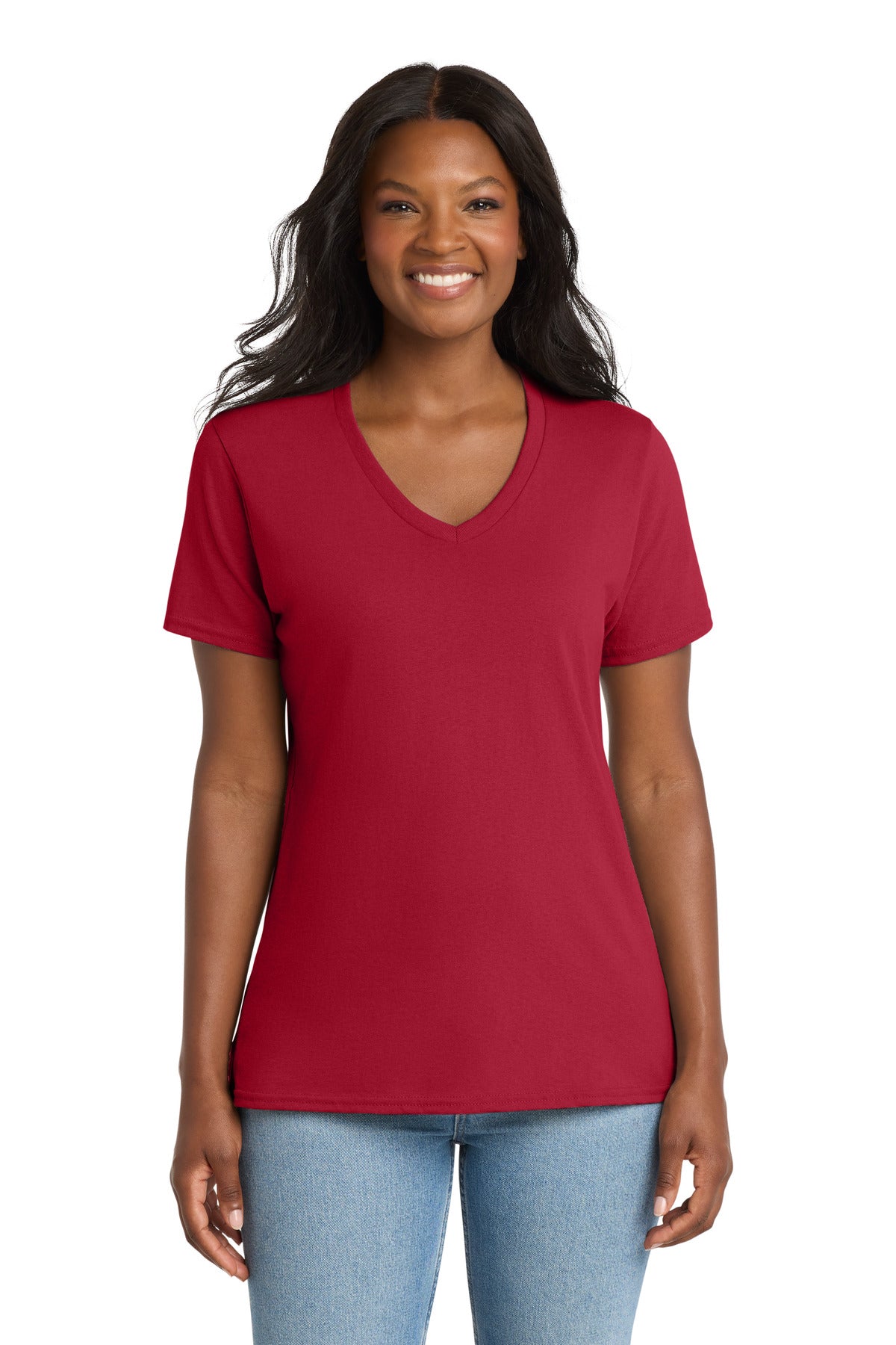 Custom Red Women's Core Cotton V-Neck Tee LPC54V, personalized by SanCanDo Swag in Argyle, TX
